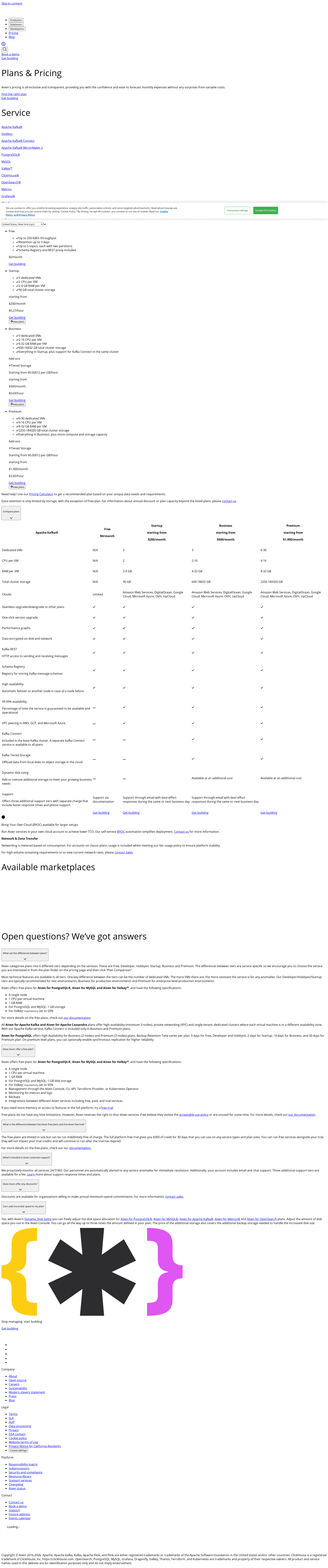Screenshot of the Aiven pricing page
