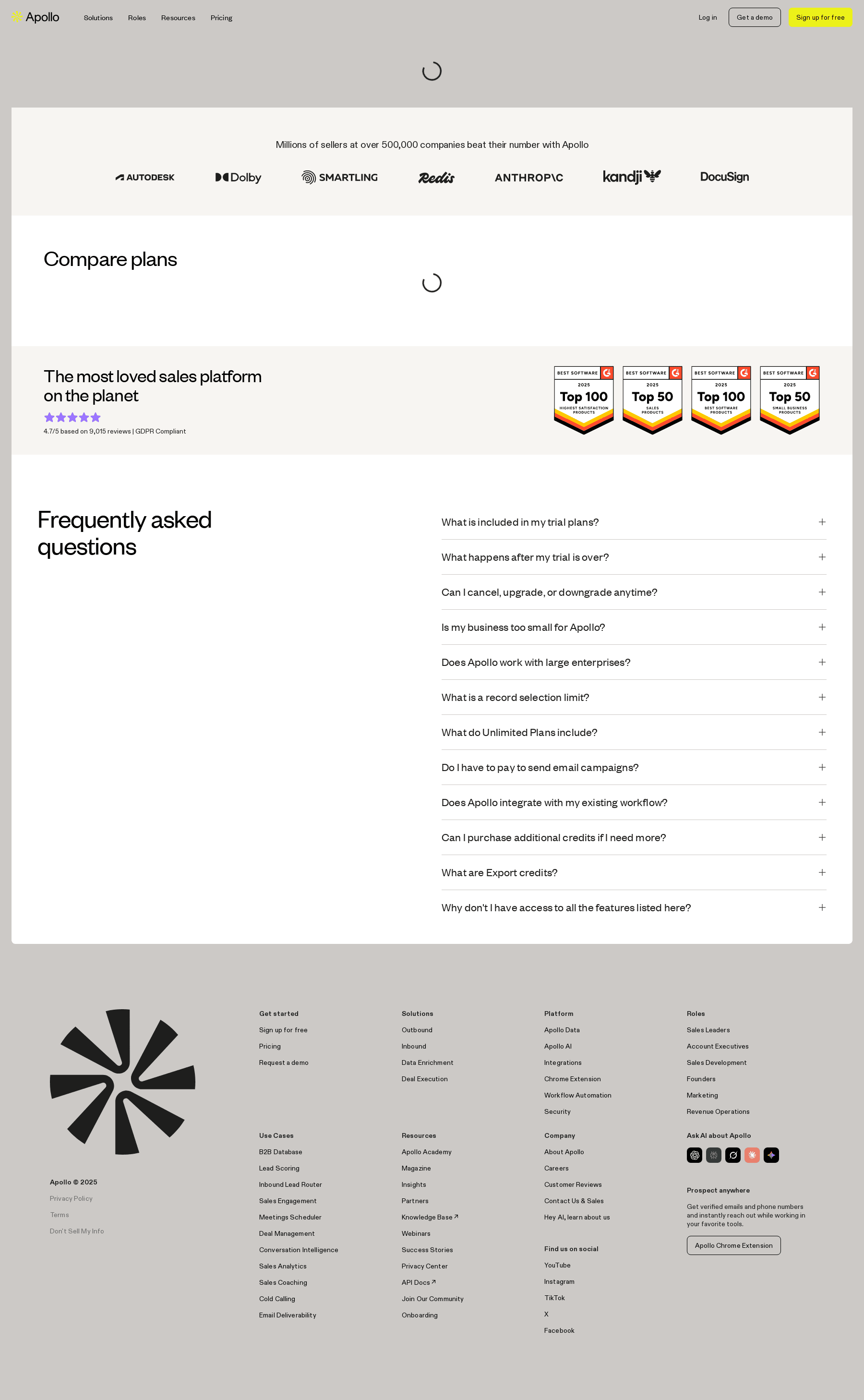 Screenshot of the Apollo pricing page