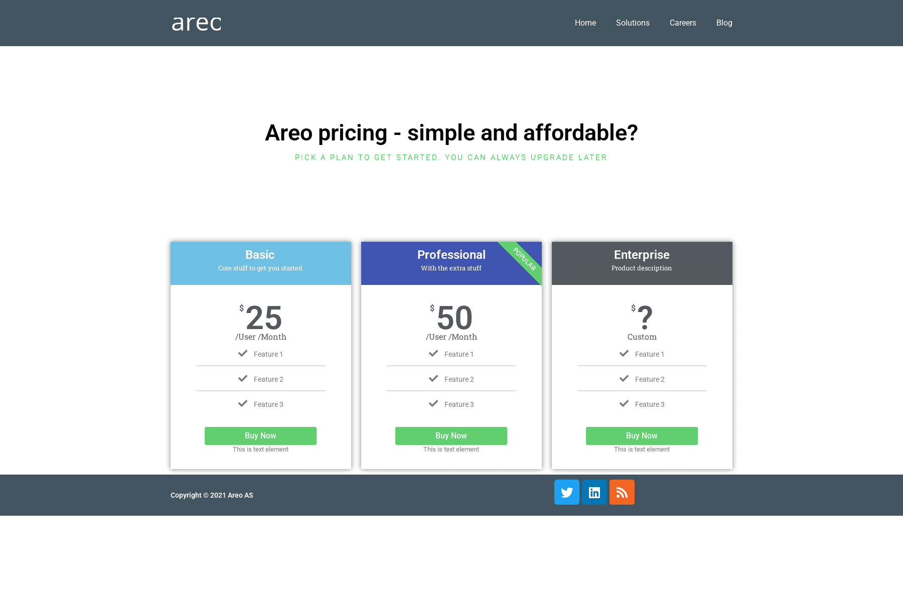 Screenshot of the Areo pricing page