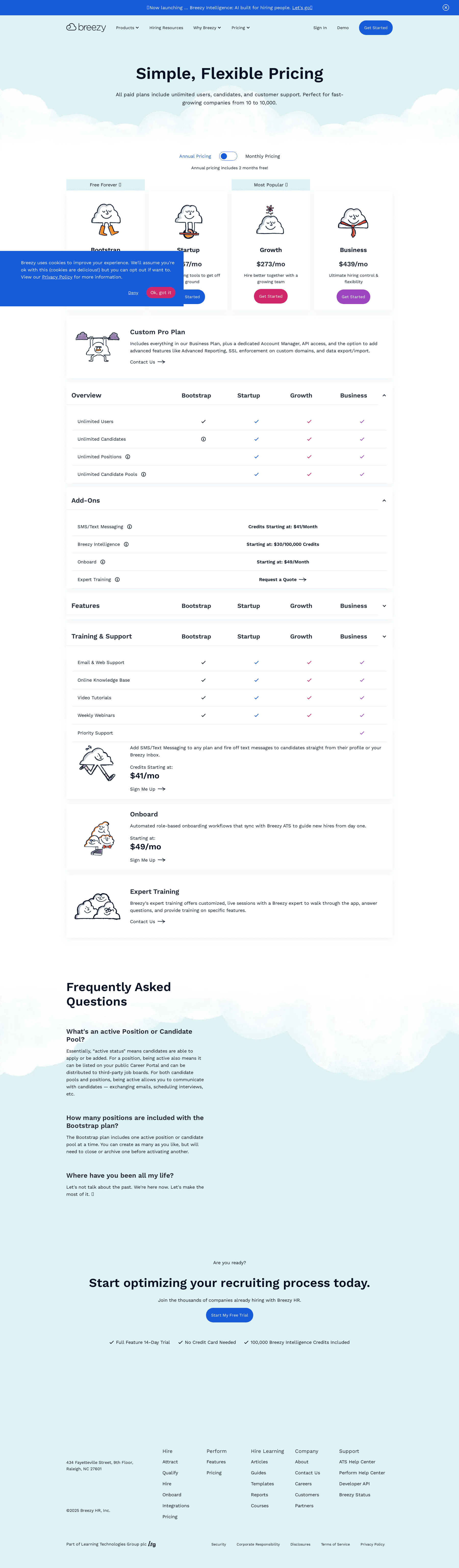 Screenshot of the Breezy HR pricing page
