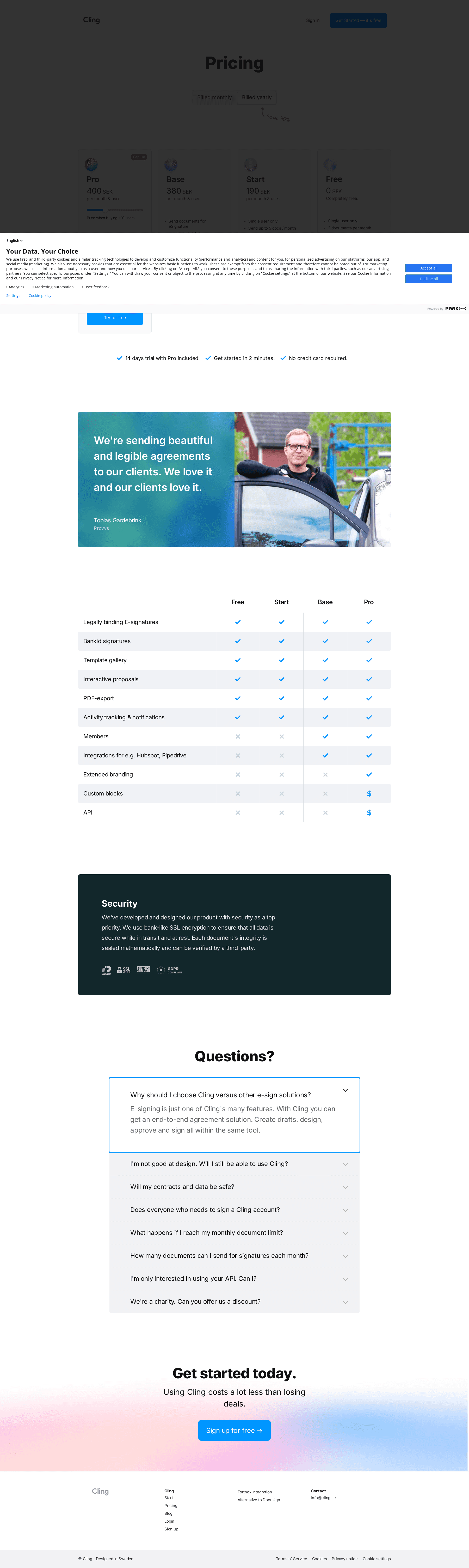 Screenshot of the Cling Group pricing page