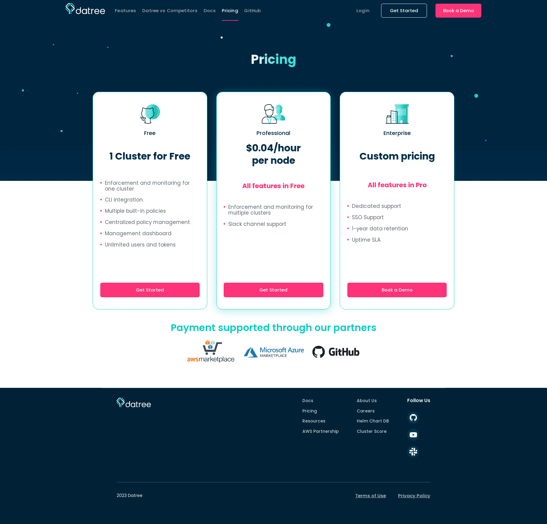 Screenshot of the Datree pricing page