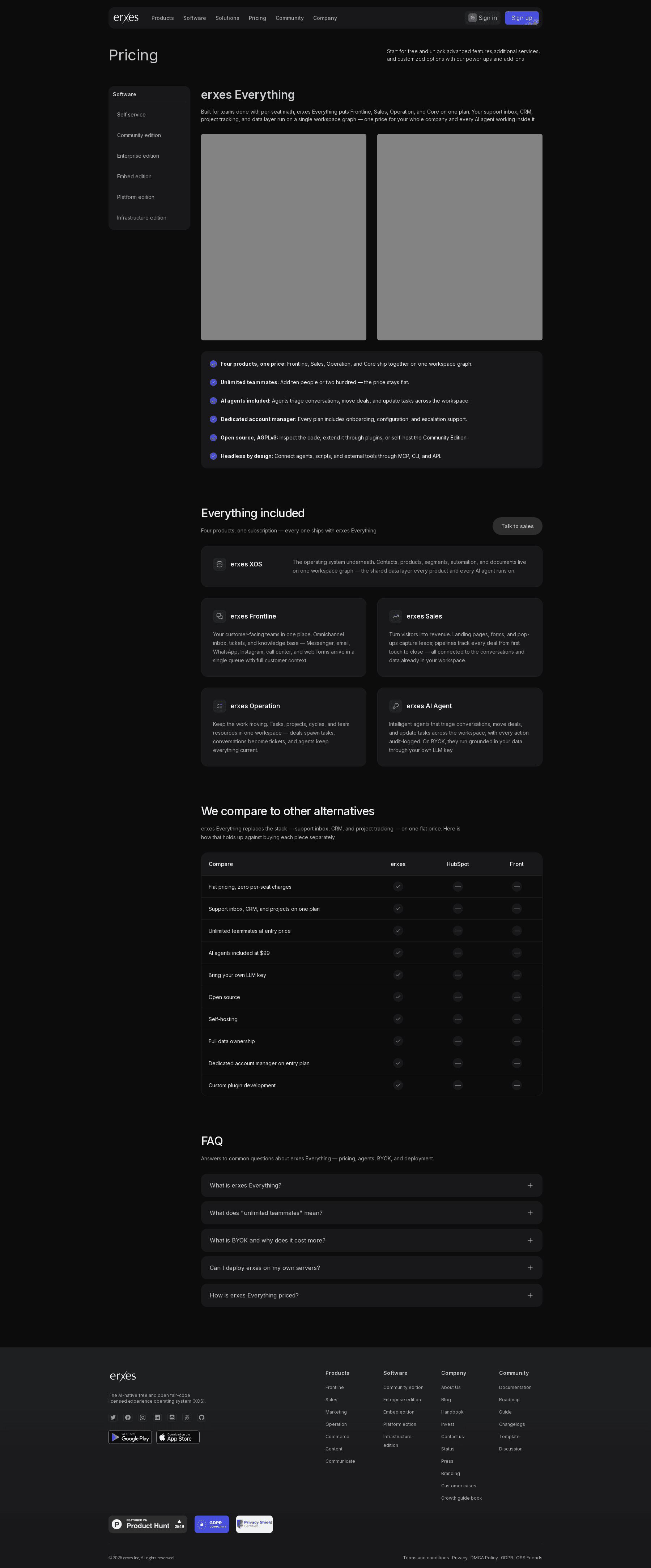 Screenshot of the erxes pricing page