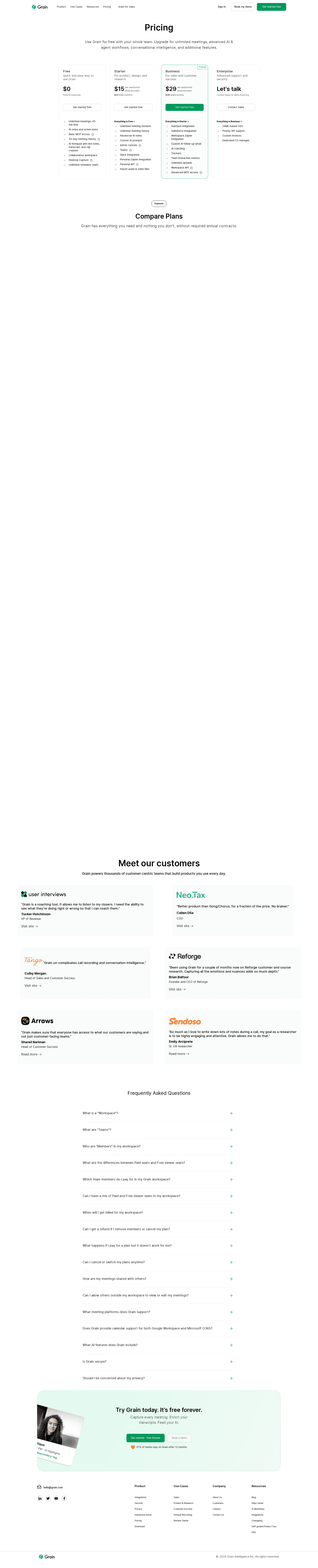Screenshot of the Grain pricing page
