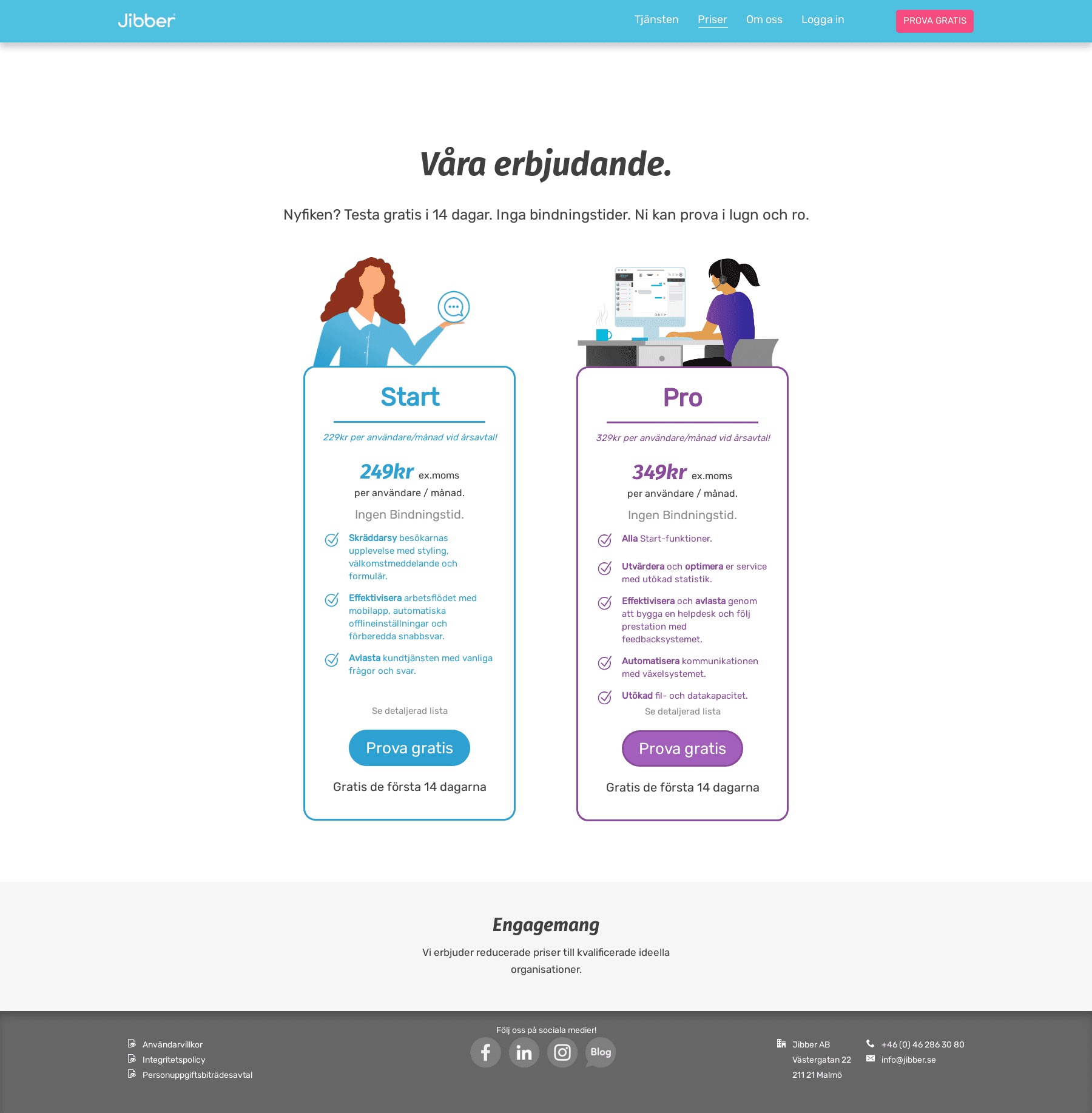 Screenshot of the Jibber pricing page