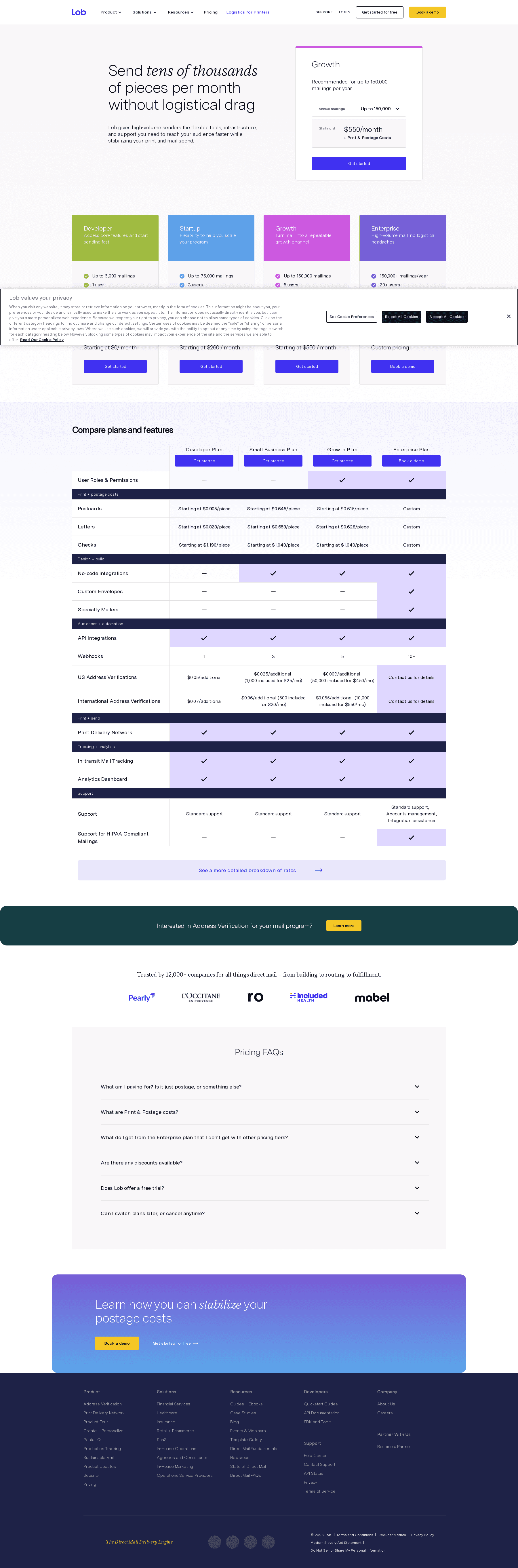 Screenshot of the Lob pricing page