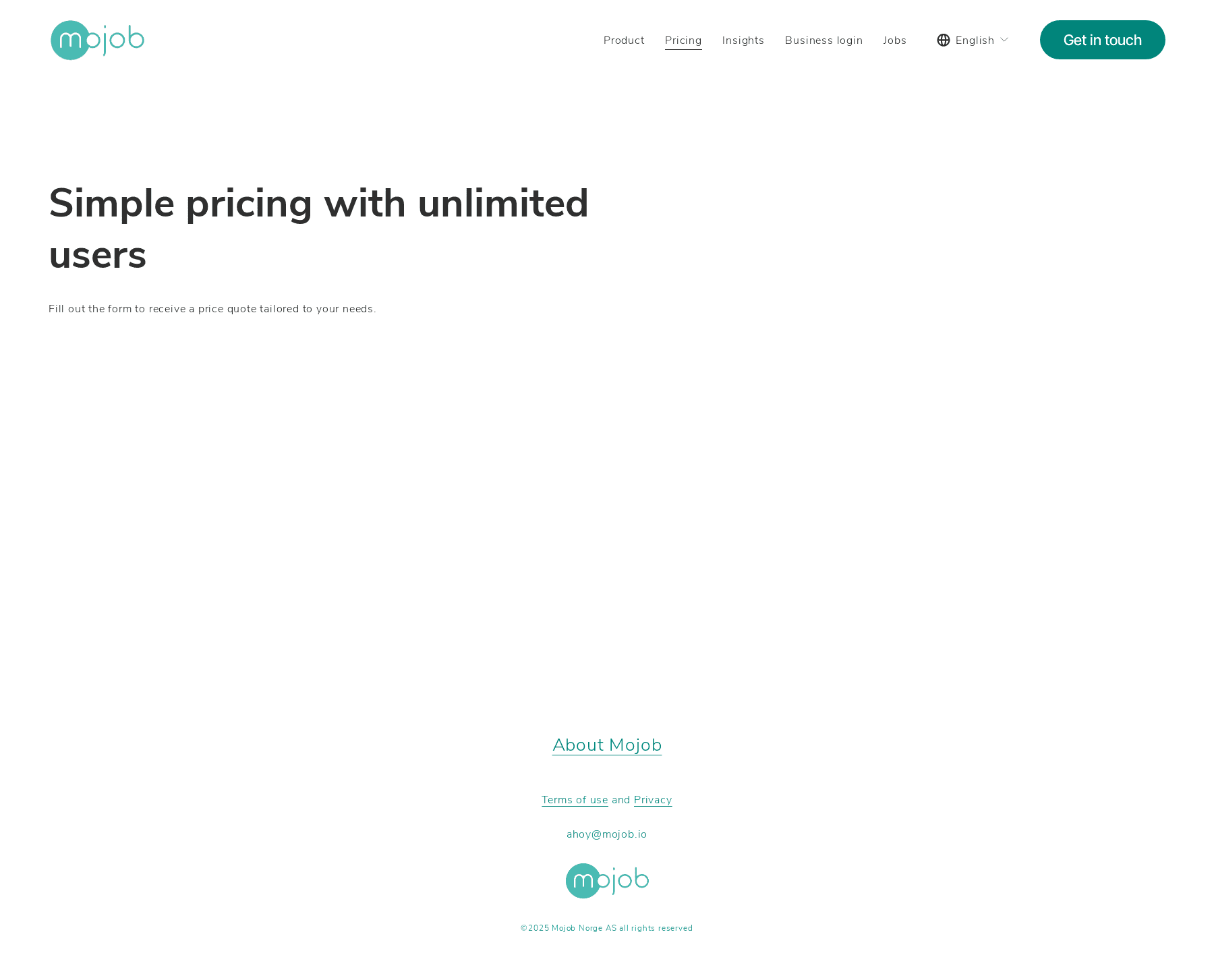 Screenshot of the Mojob norge pricing page