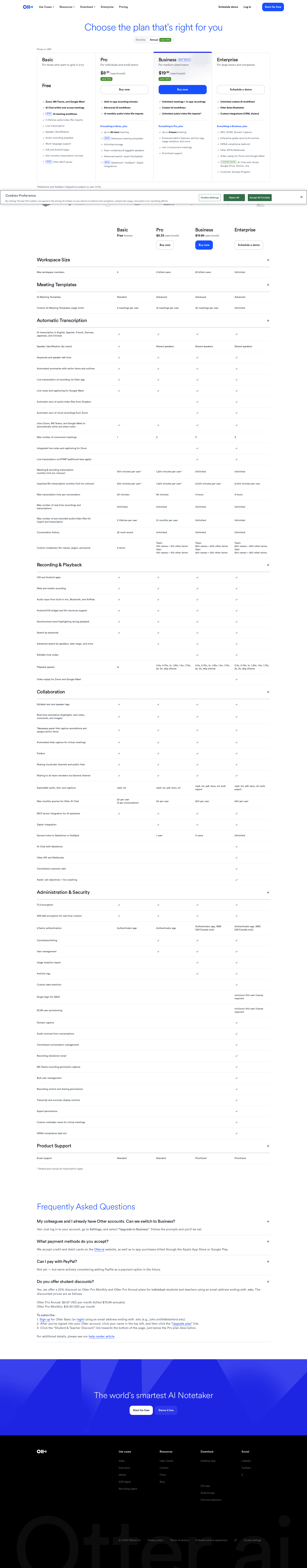 Screenshot of the Otter.ai pricing page