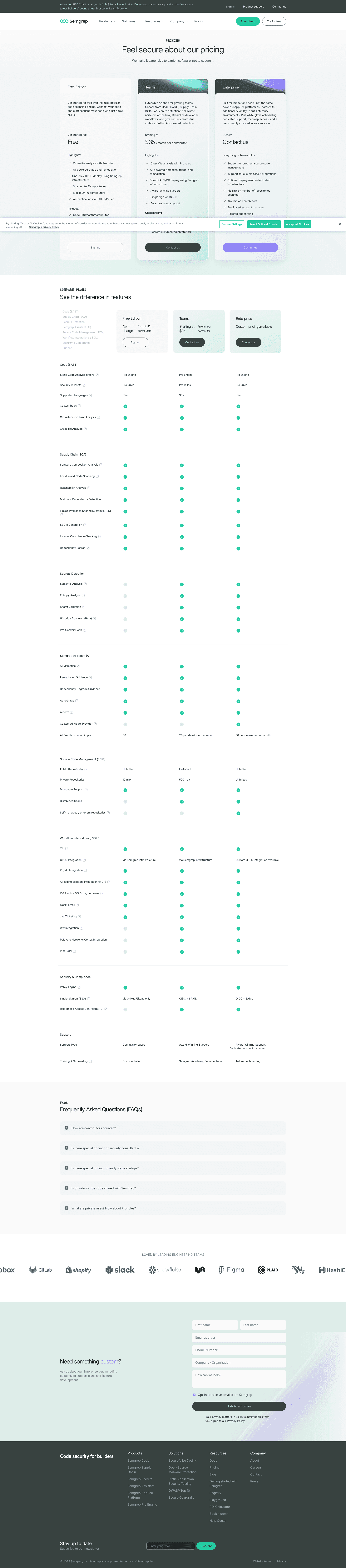 Screenshot of the r2c pricing page