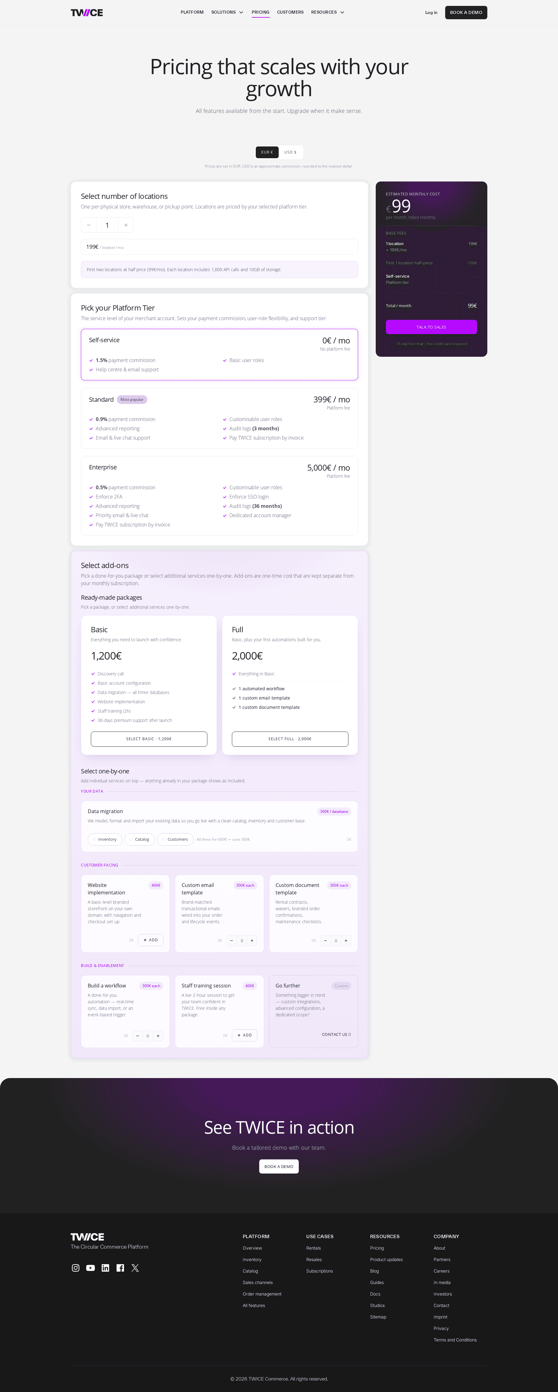 Screenshot of the Rentle pricing page