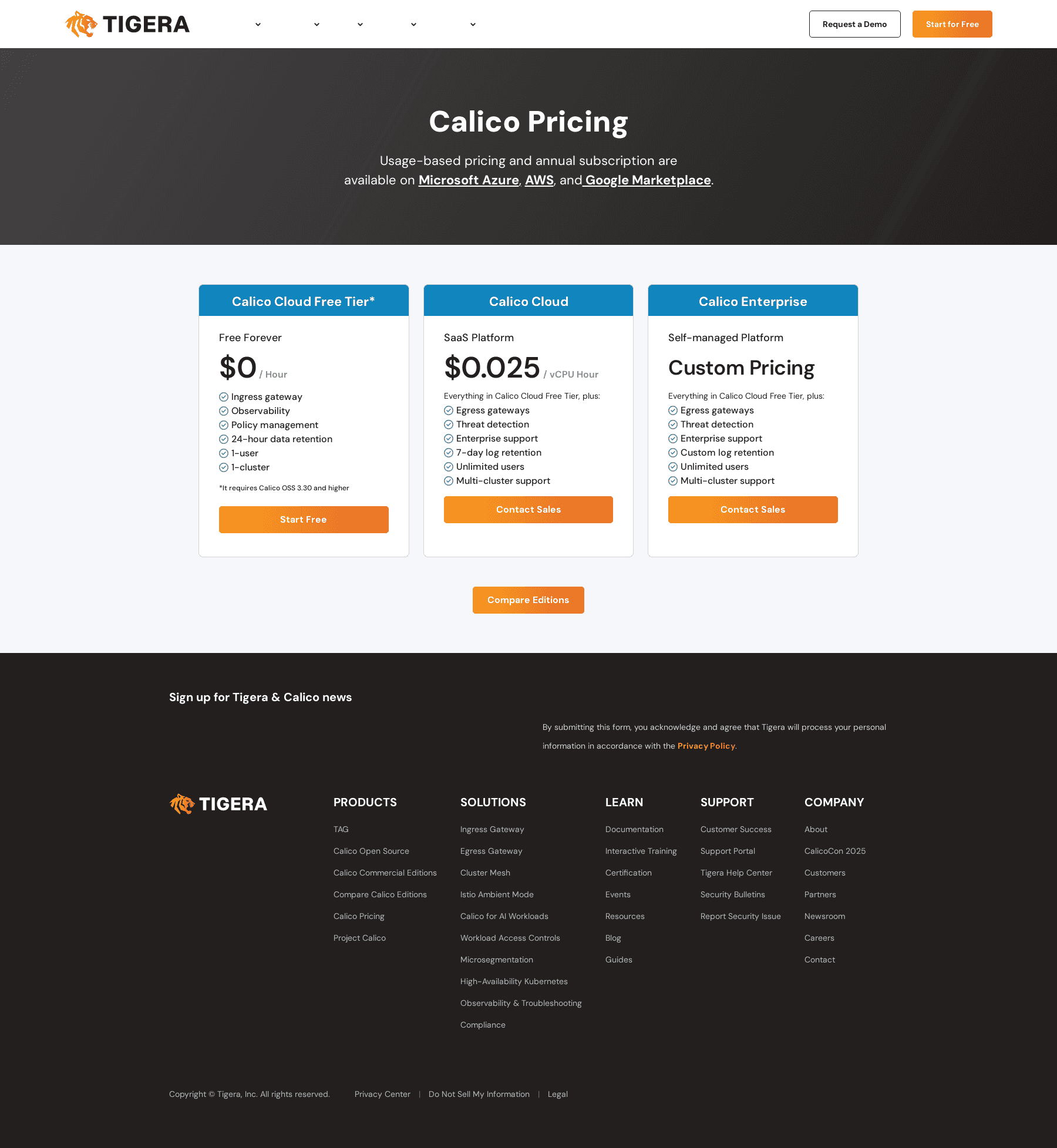Screenshot of the Tigera pricing page