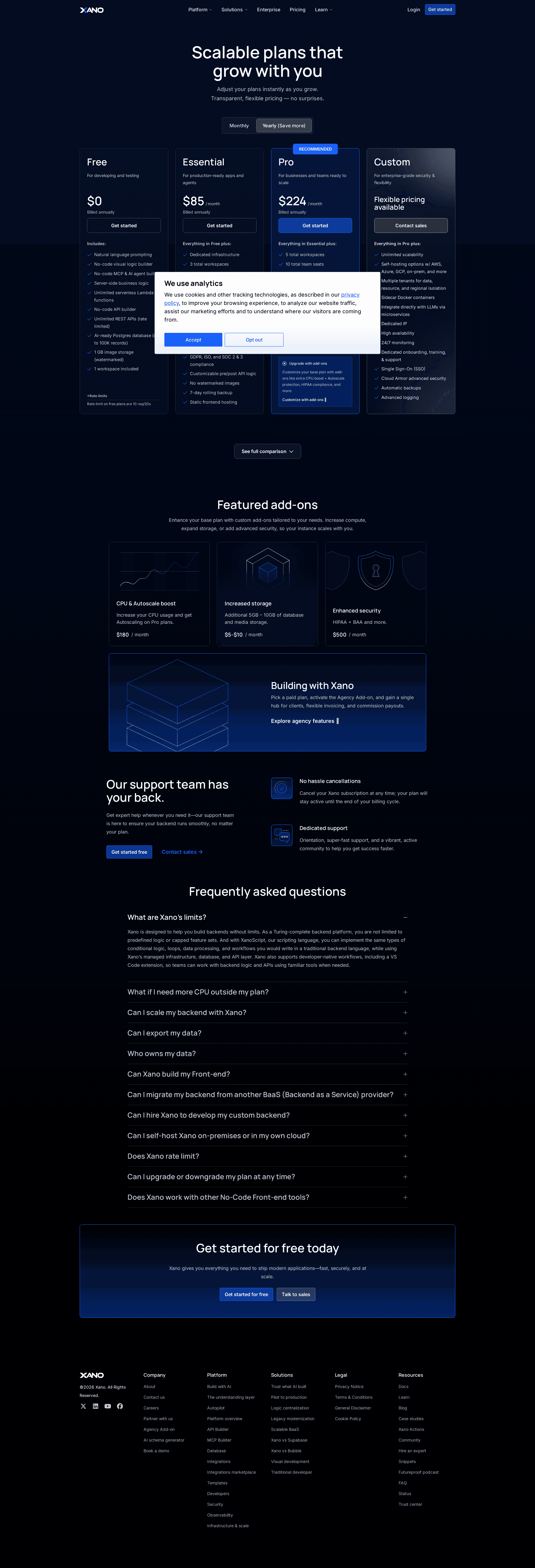 Screenshot of the Xano pricing page