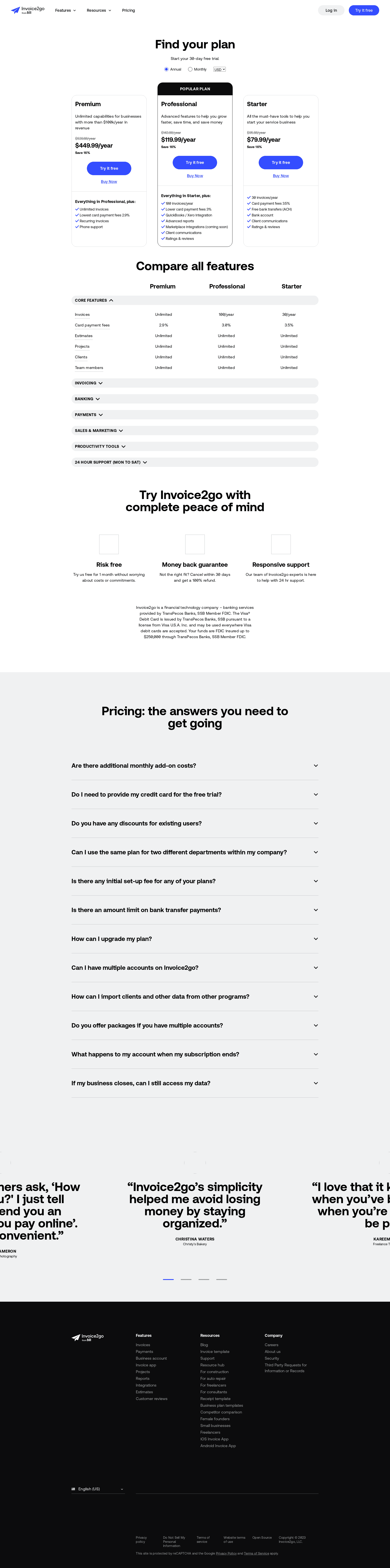 Screenshot of the Invoice2go pricing page