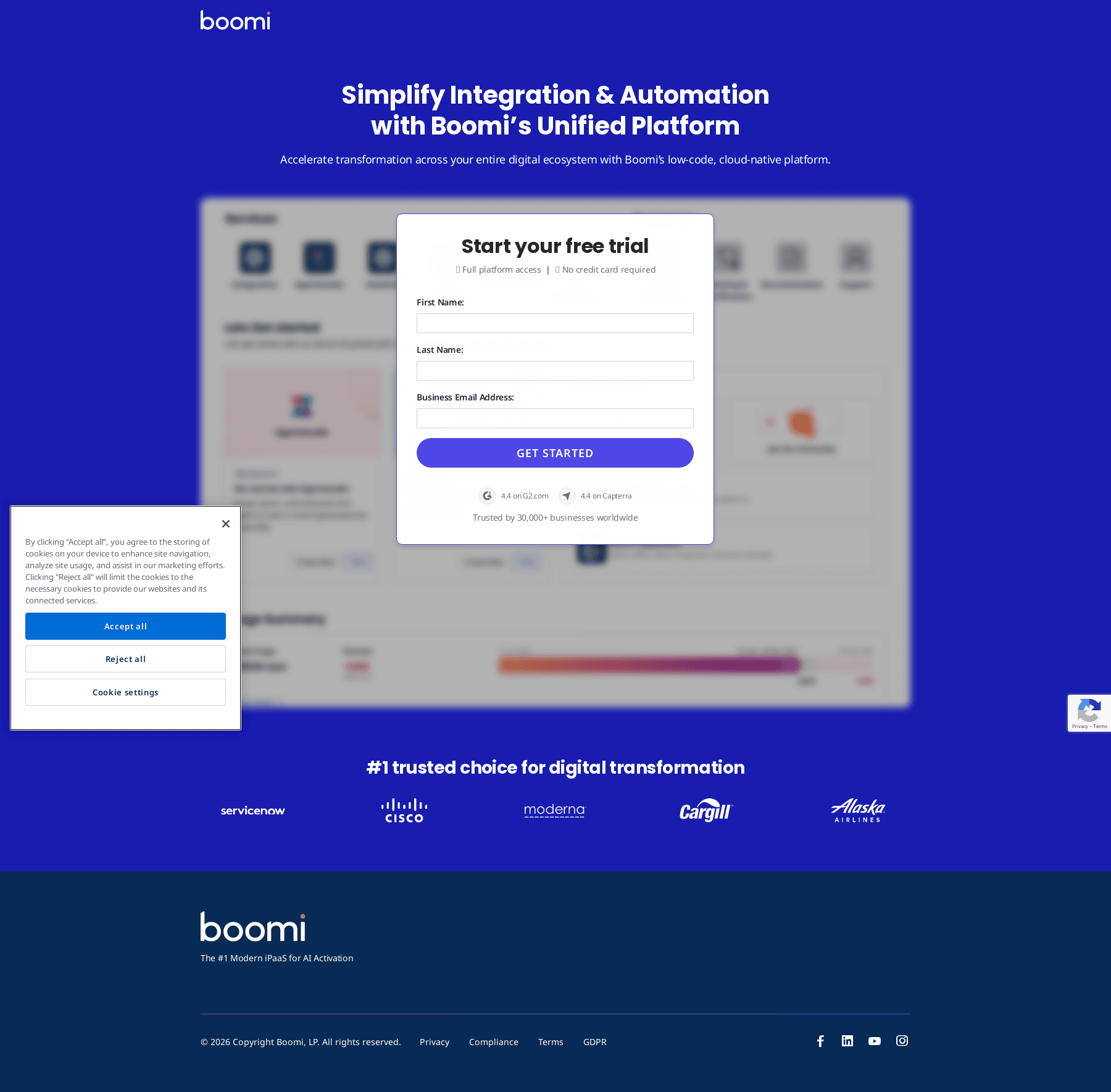 Screenshot of the Boomi pricing page