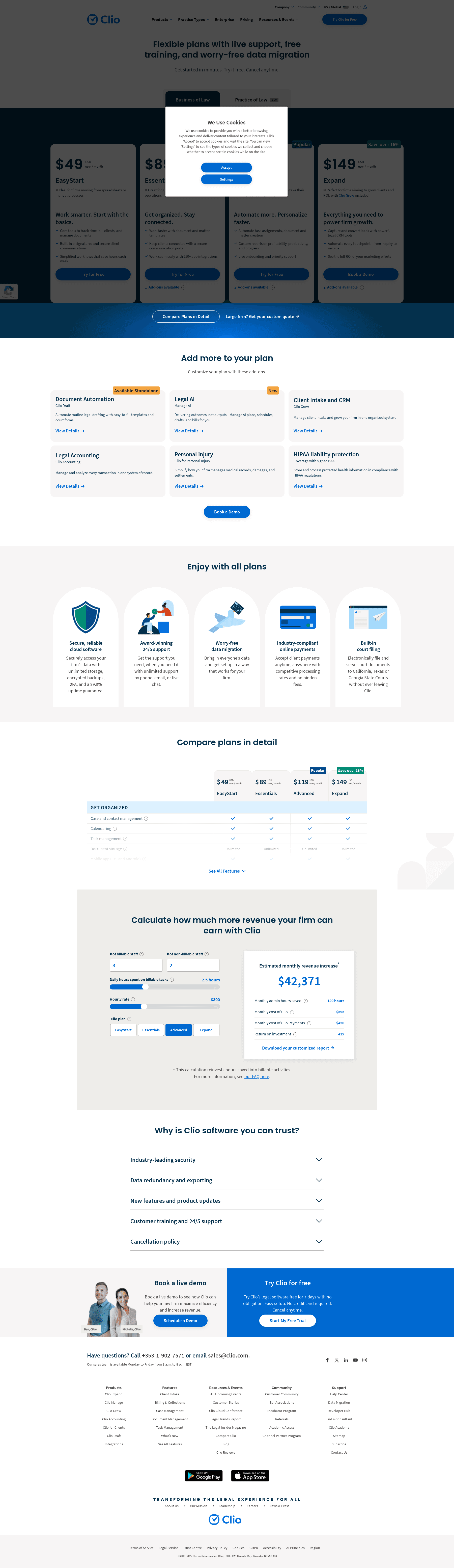 Screenshot of the Clio pricing page