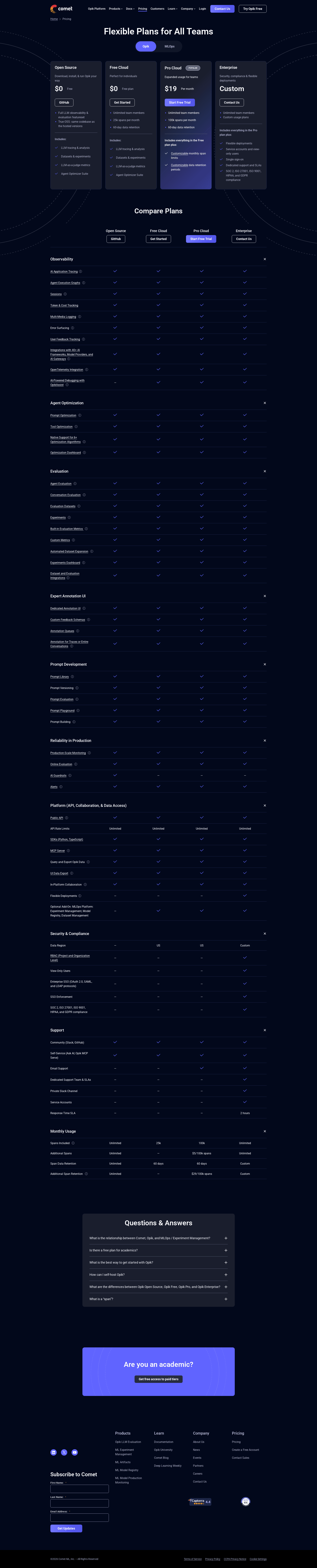 Screenshot of the Comet pricing page