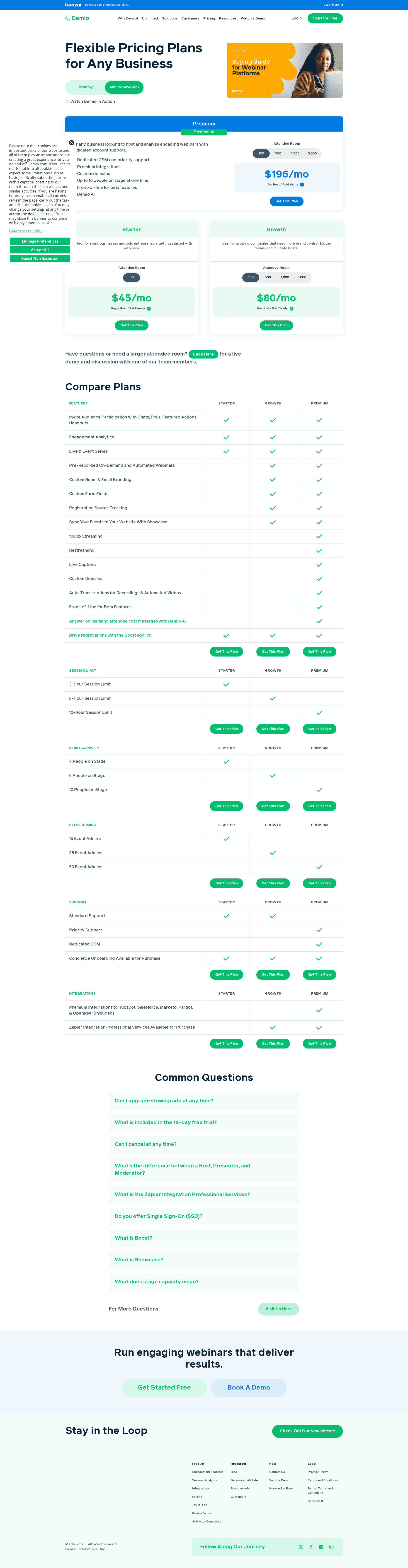 Screenshot of the Demio pricing page