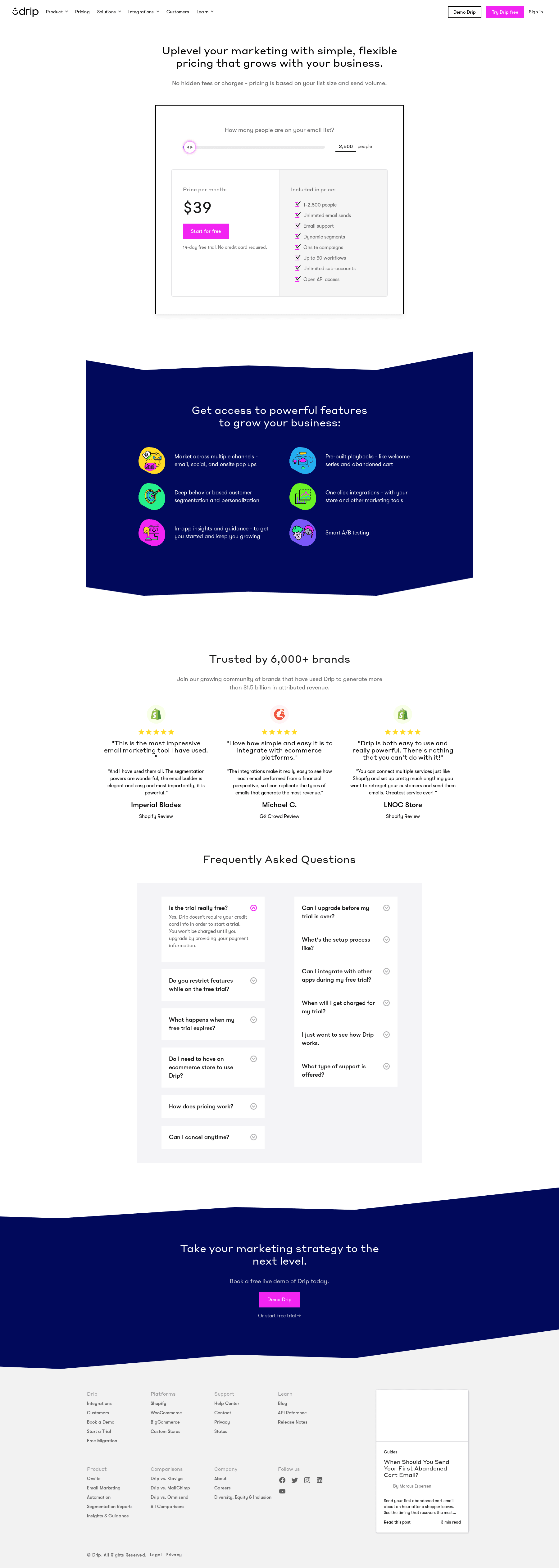 Screenshot of the Drip pricing page