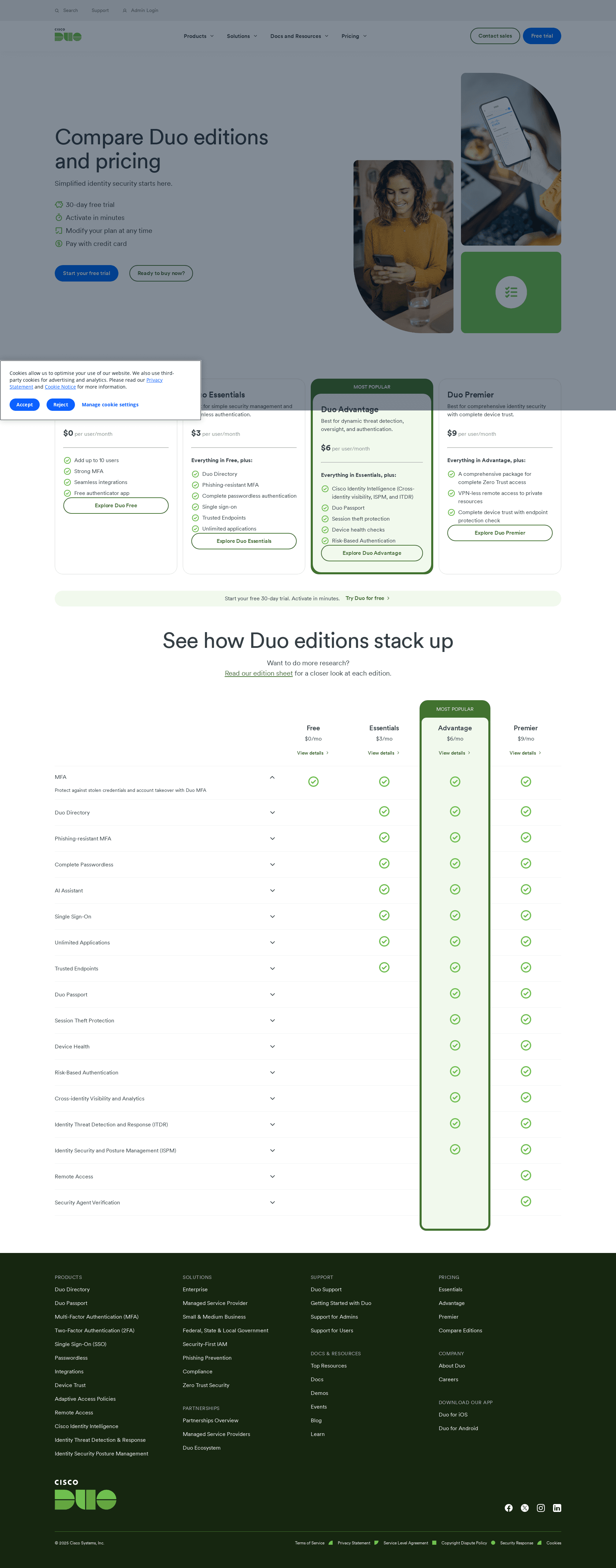 Screenshot of the Duo Security pricing page