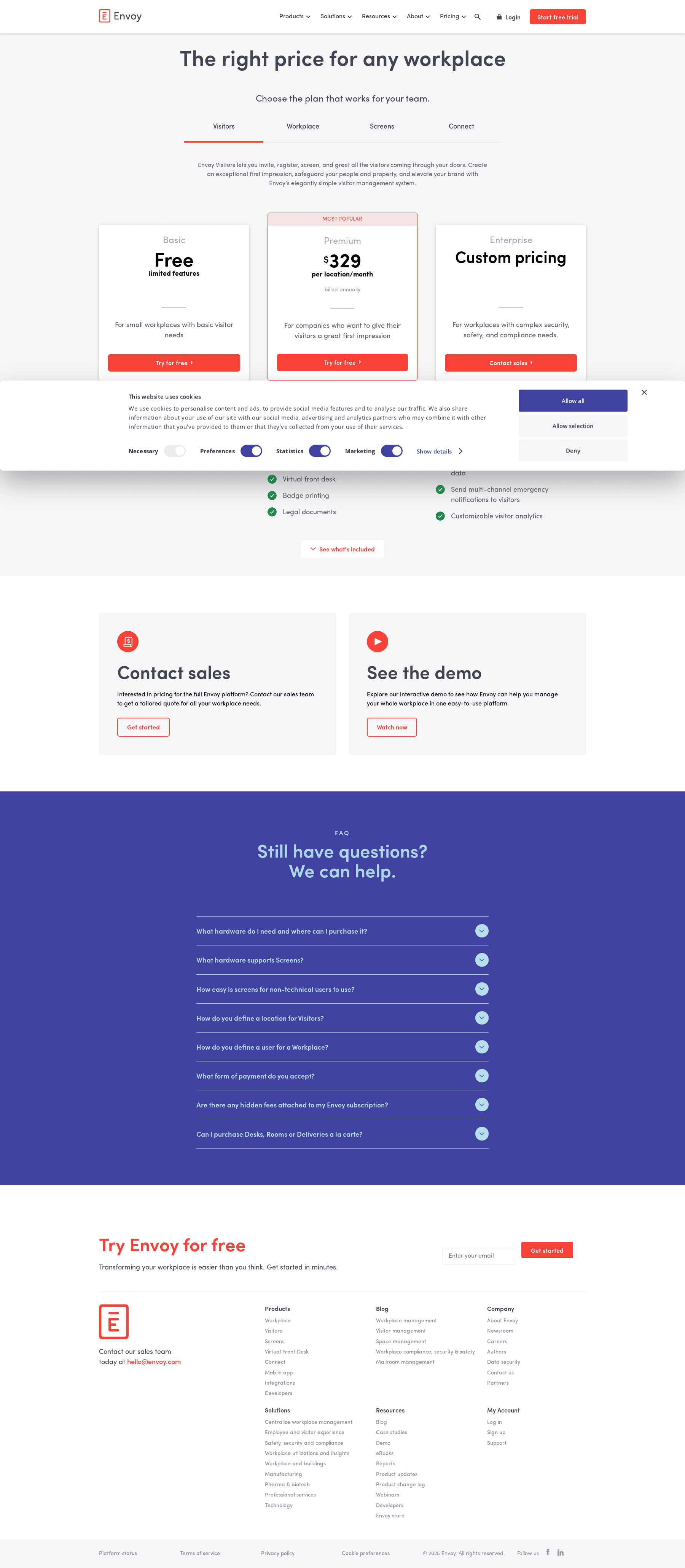 Screenshot of the Envoy pricing page