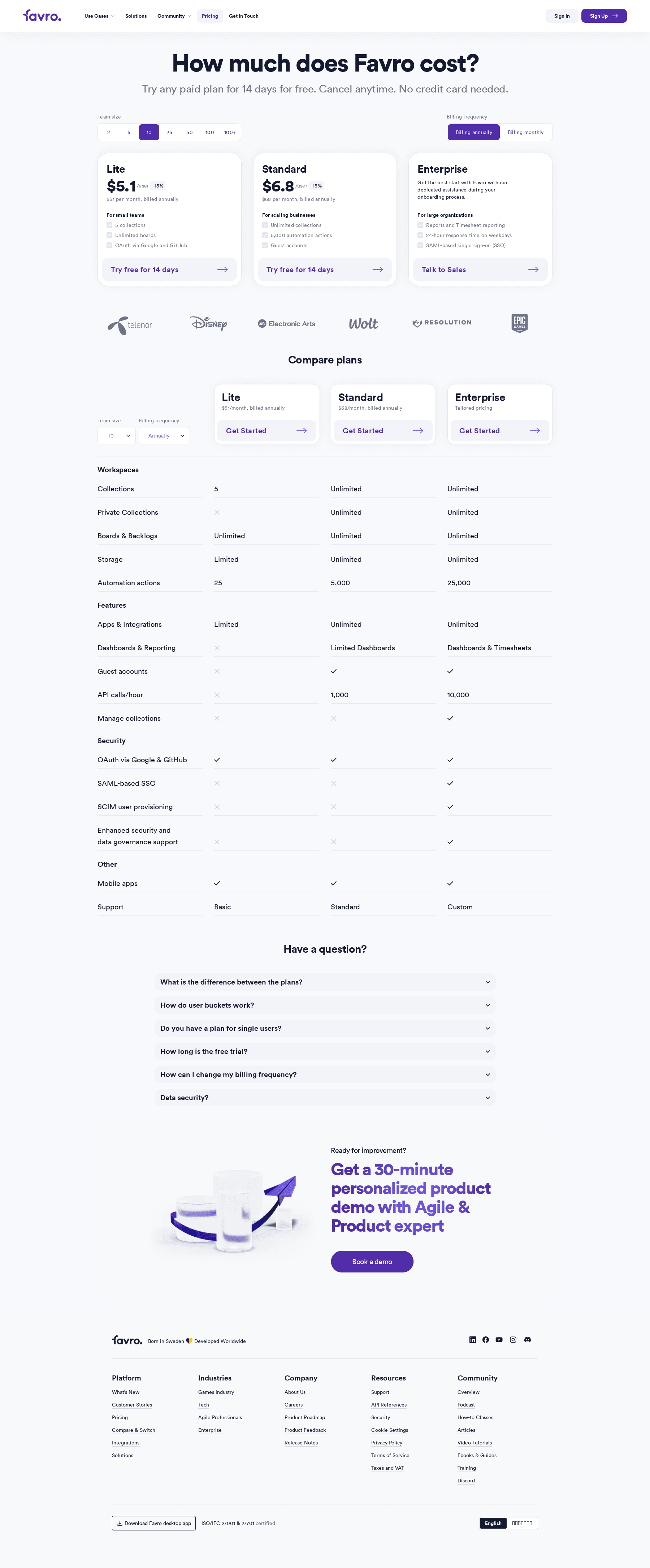 Screenshot of the Favro pricing page