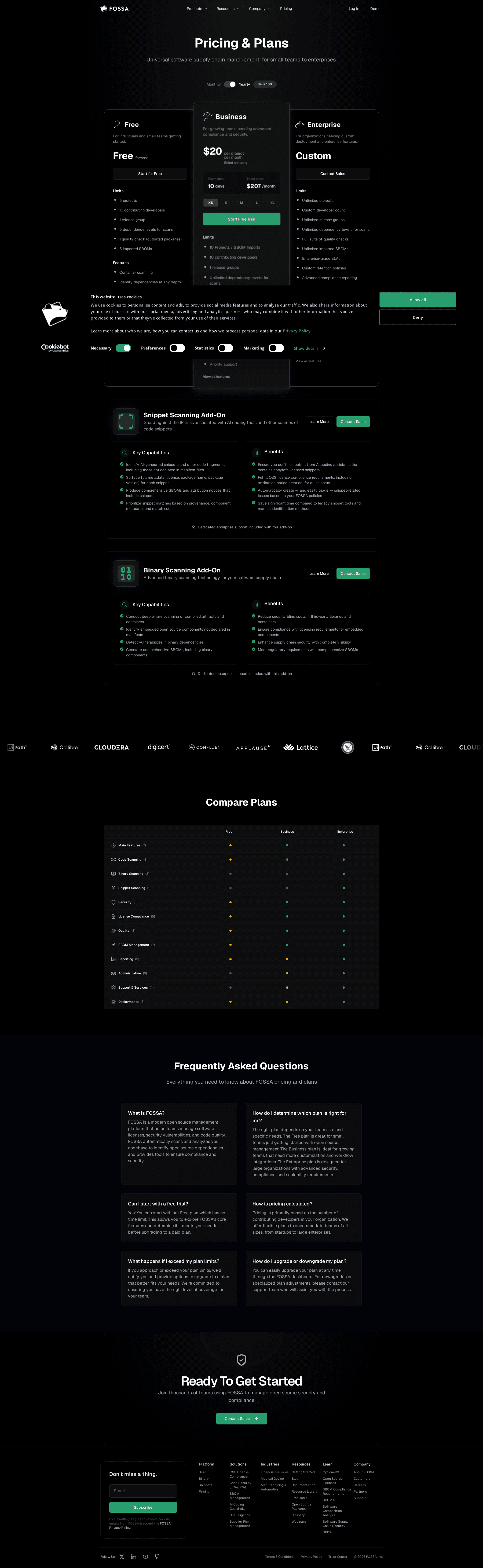 Screenshot of the FOSSA pricing page