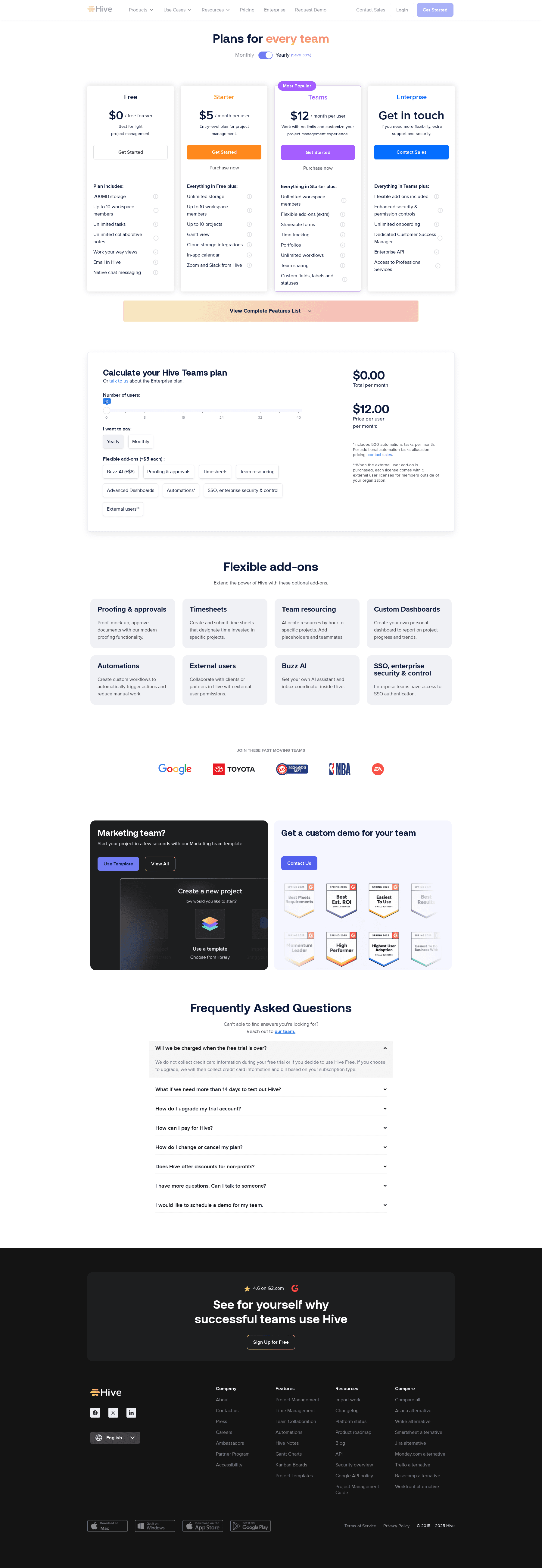 Screenshot of the Hive pricing page