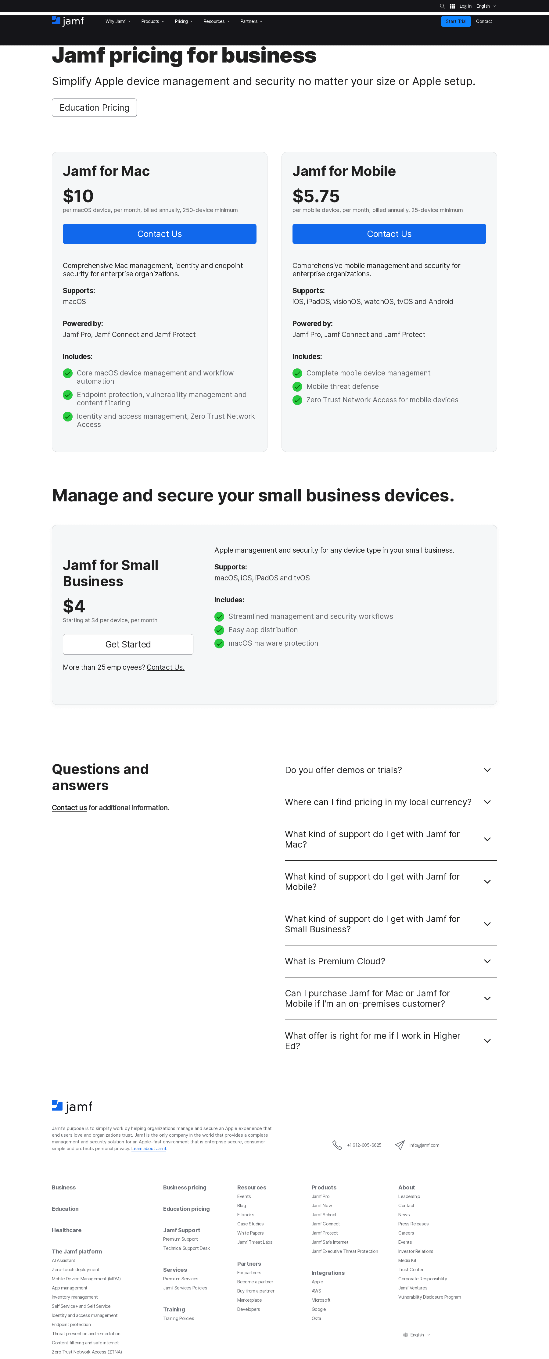 Screenshot of the Jamf pricing page