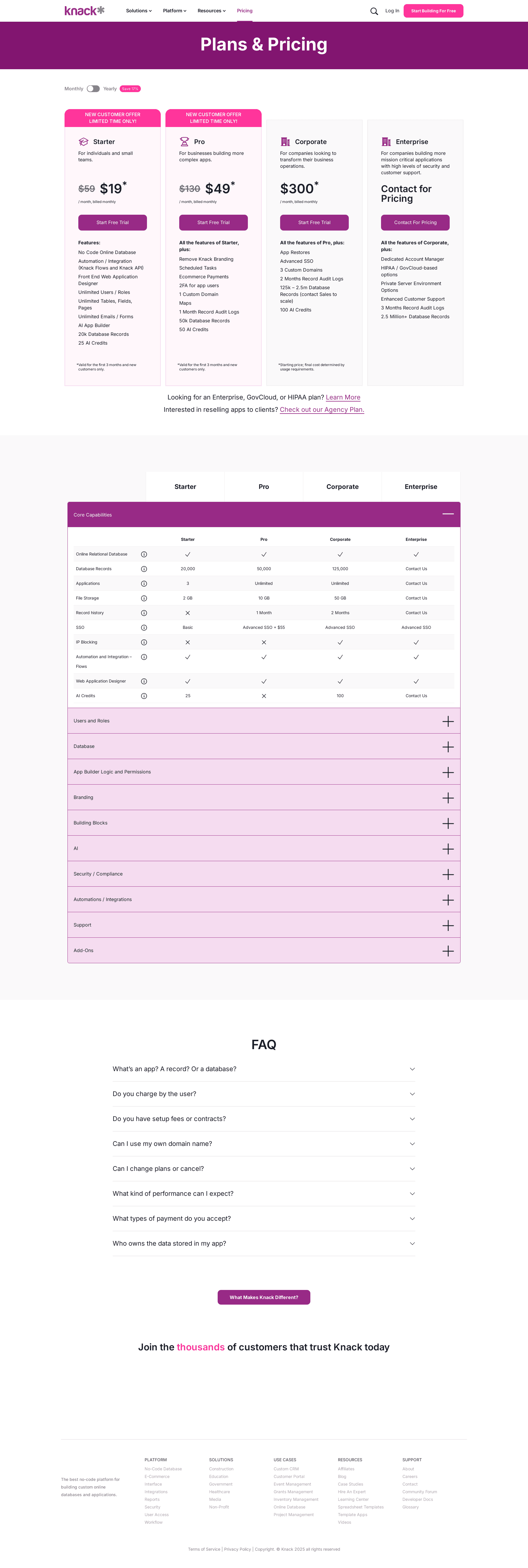 Screenshot of the Knack pricing page