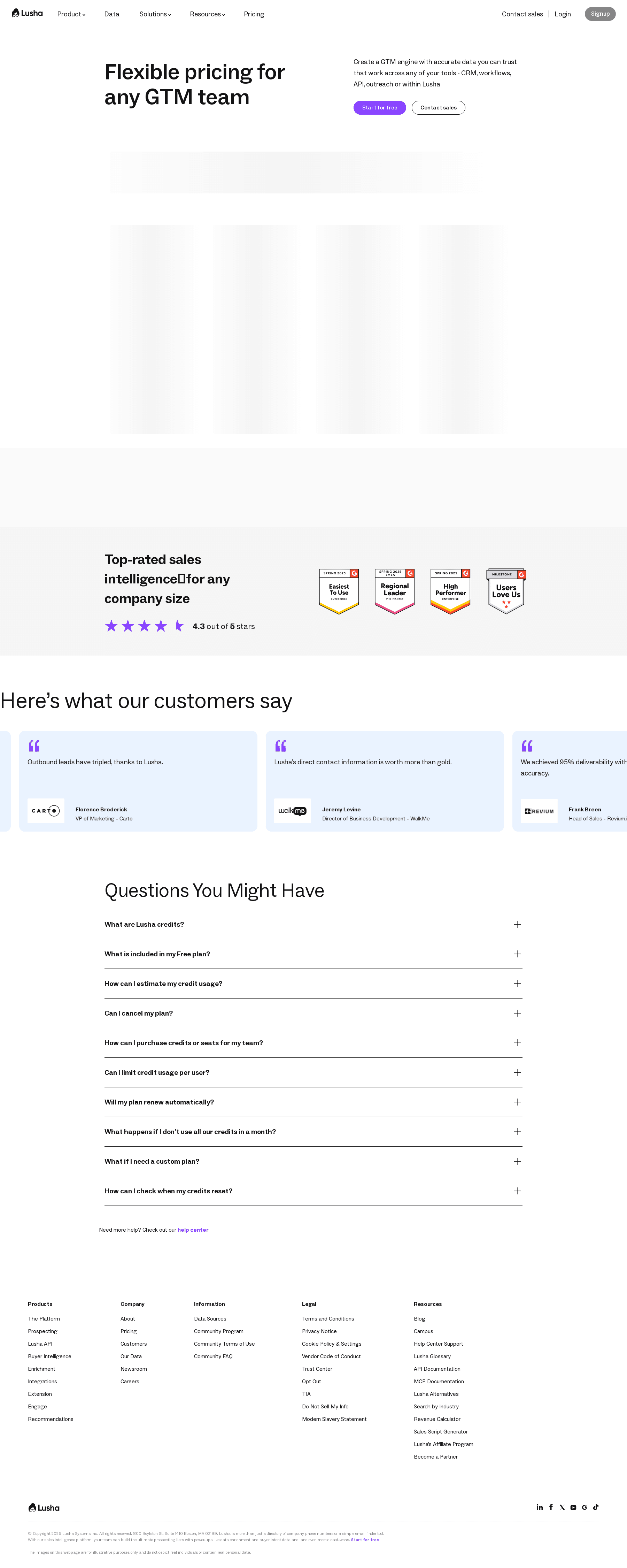 Screenshot of the Lusha pricing page