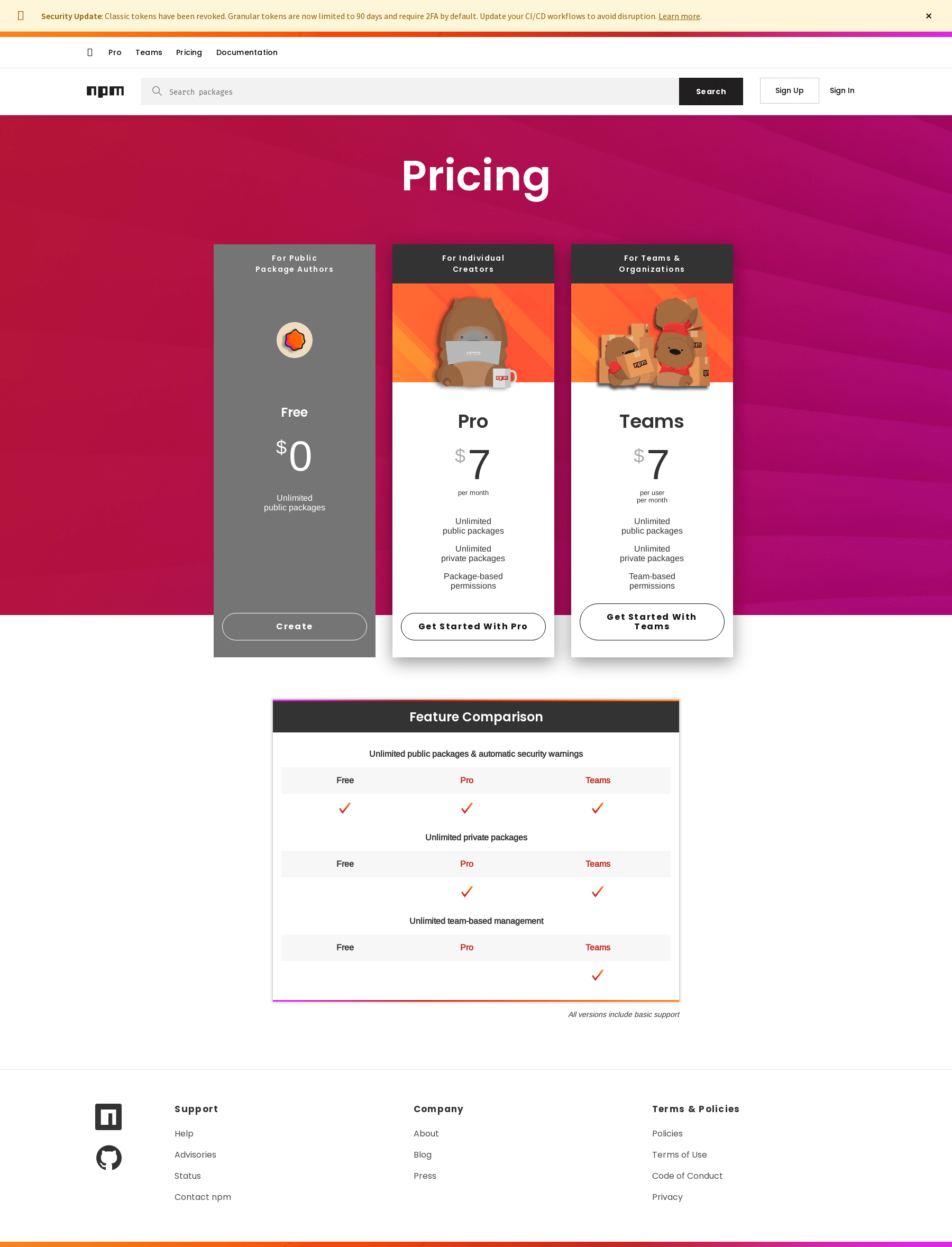 Screenshot of the npm pricing page