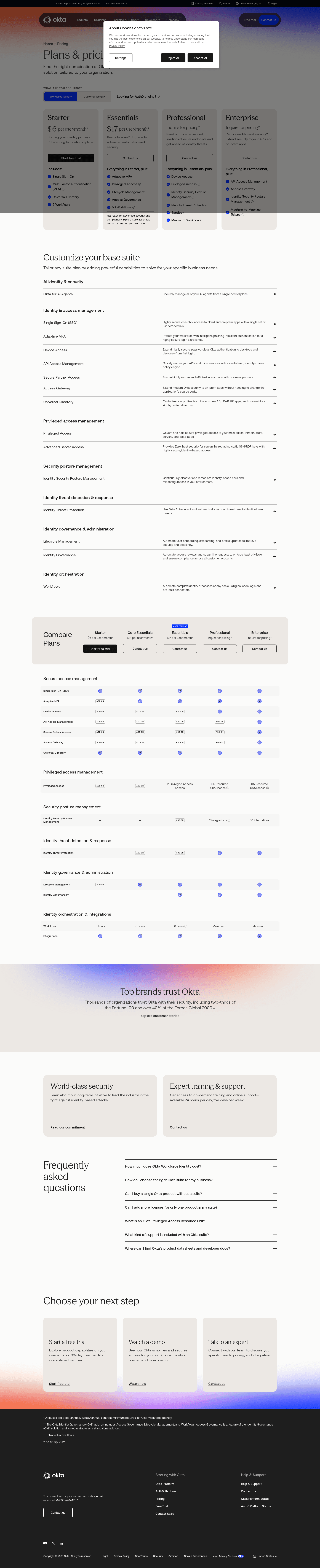 Screenshot of the Okta pricing page