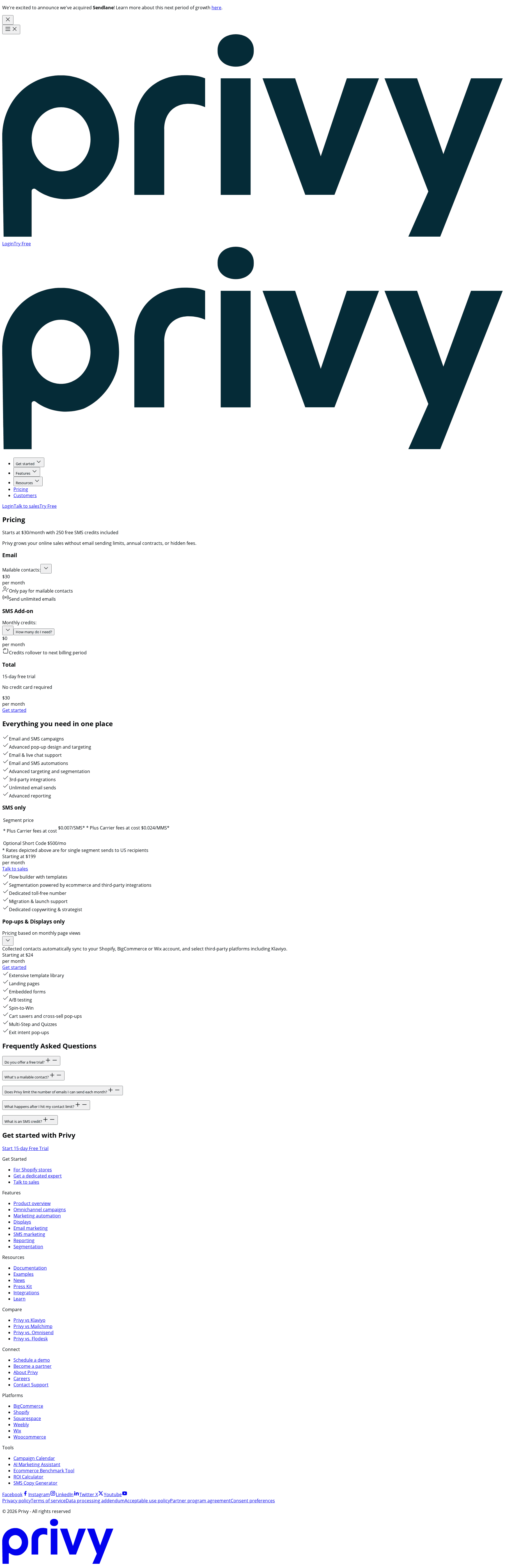 Screenshot of the Privy pricing page