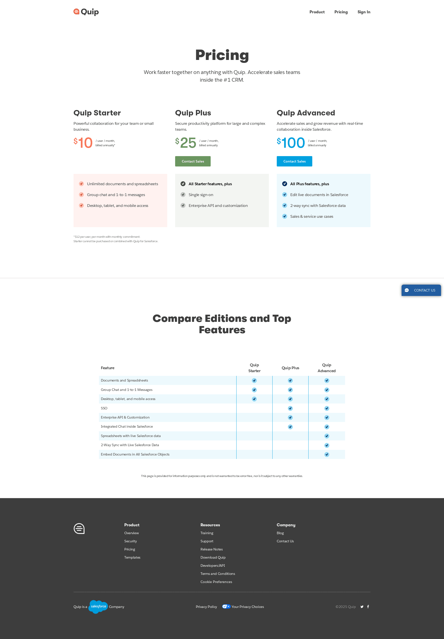 Screenshot of the Quip pricing page