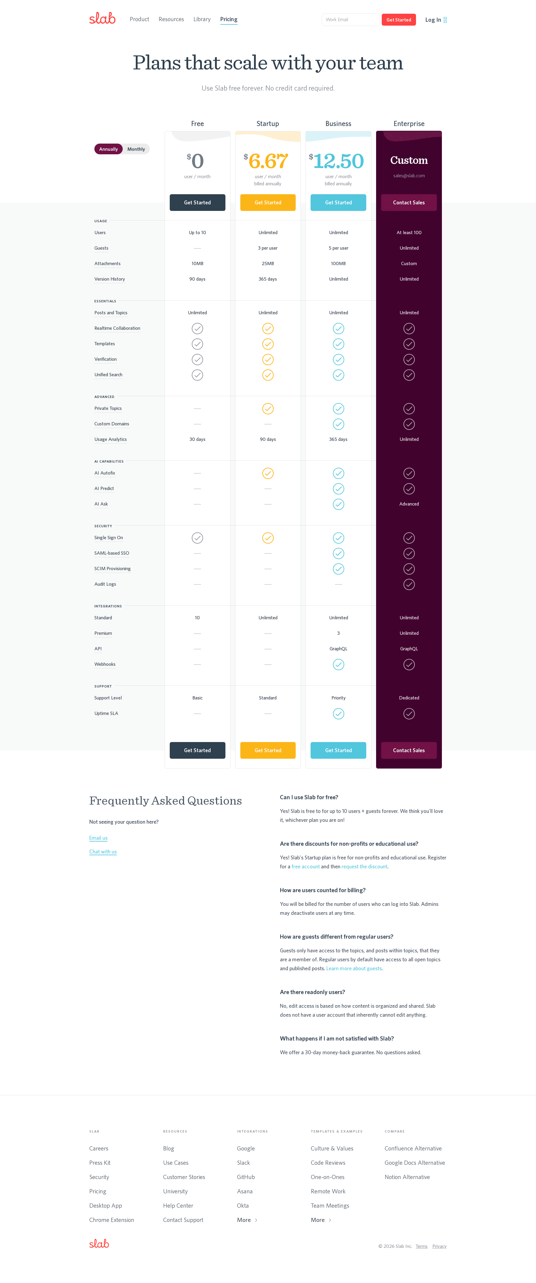 Screenshot of the Slab pricing page
