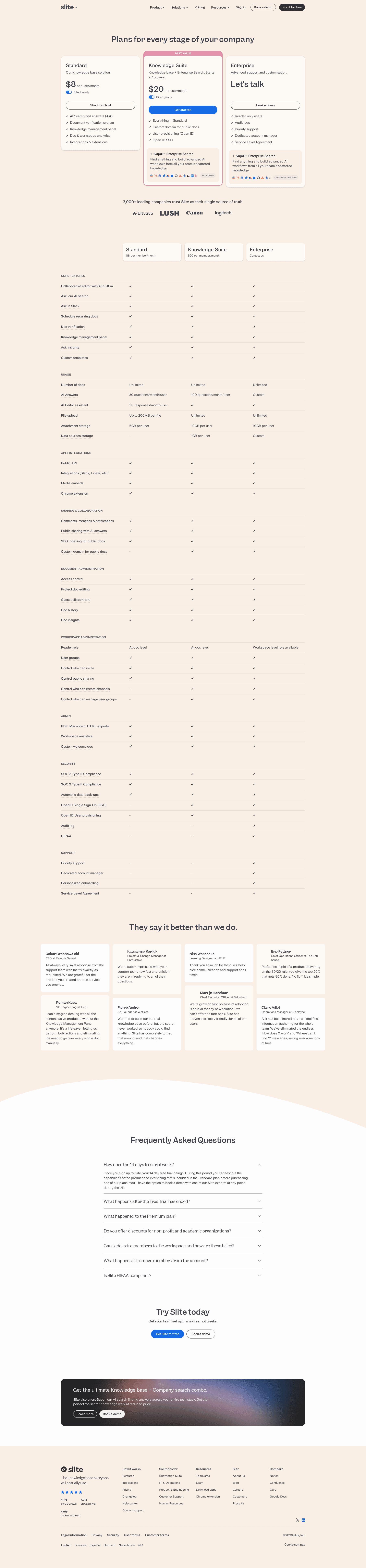Screenshot of the Slite pricing page