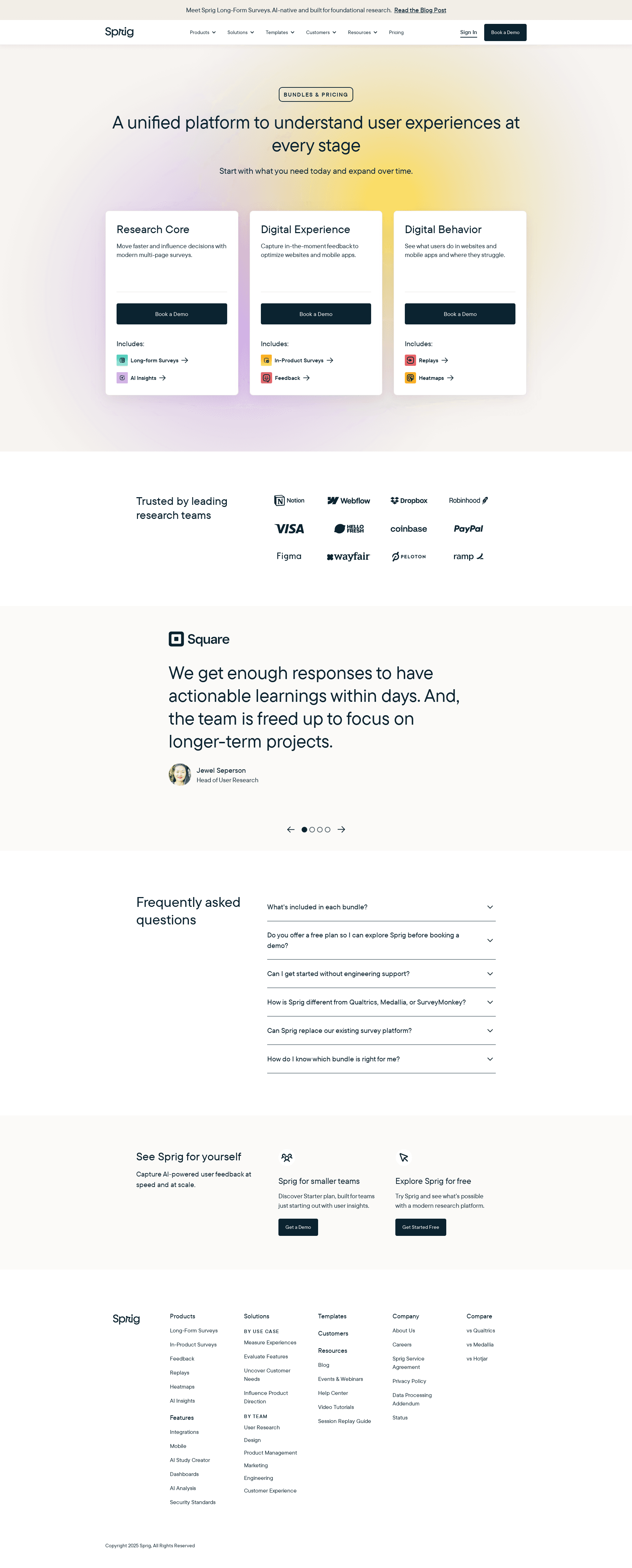 Screenshot of the Sprig pricing page