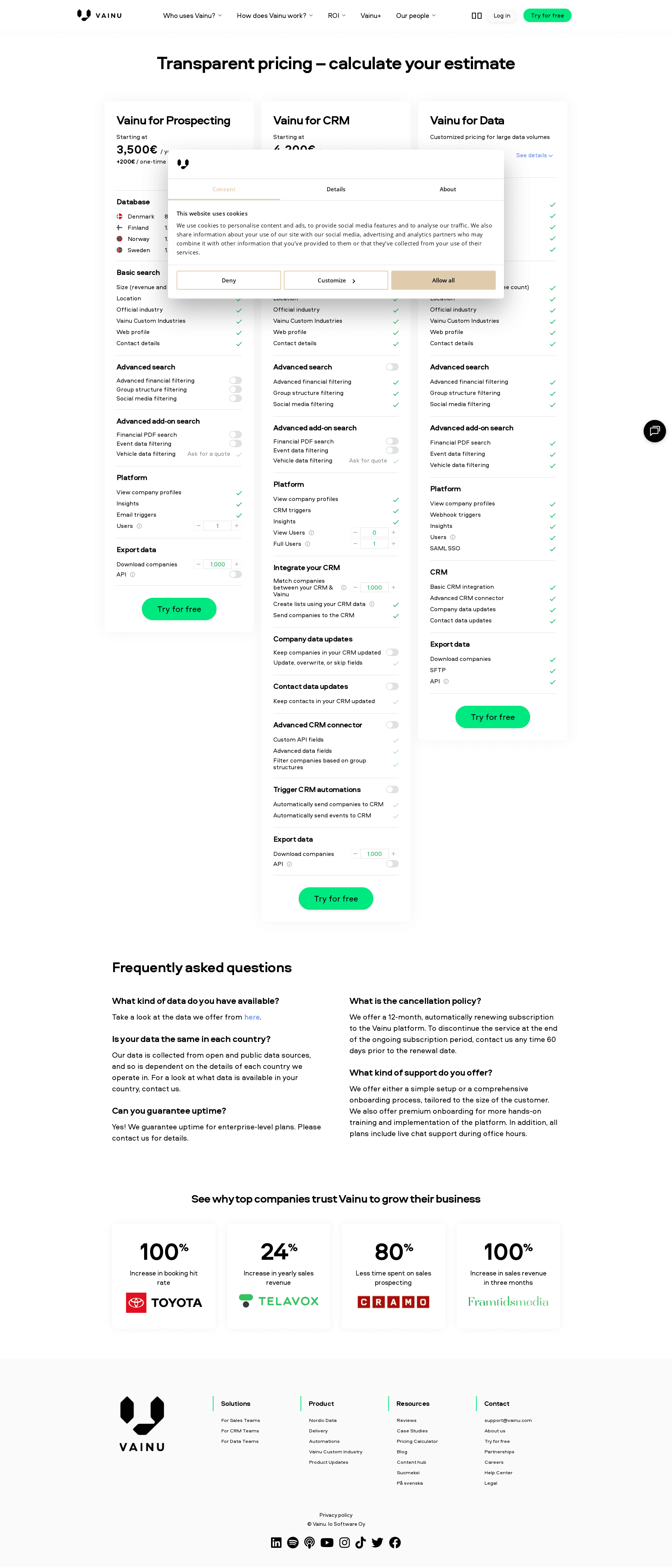 Screenshot of the Vainu pricing page