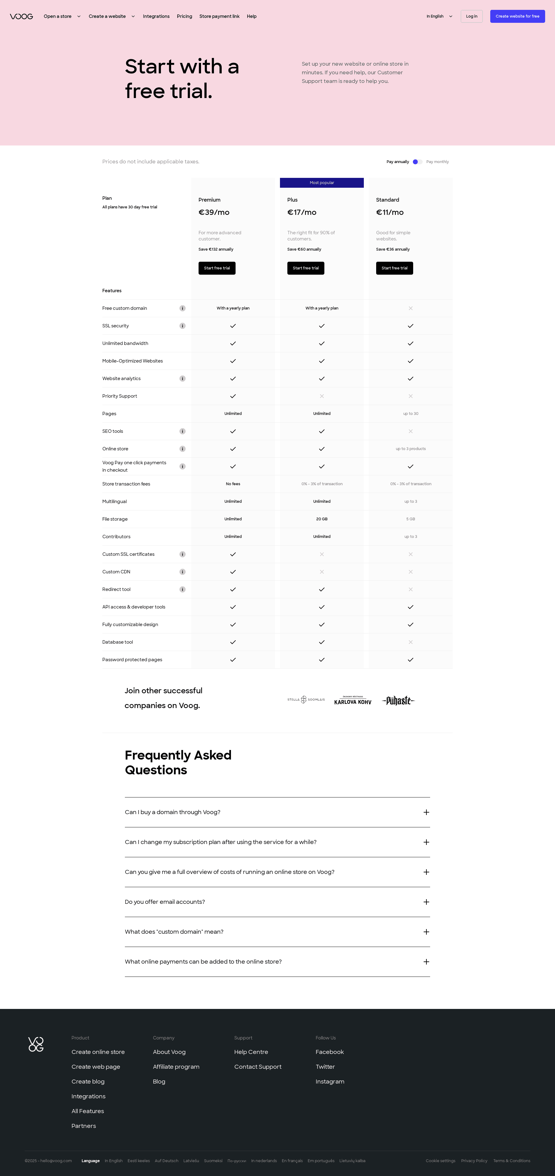 Screenshot of the Voog pricing page