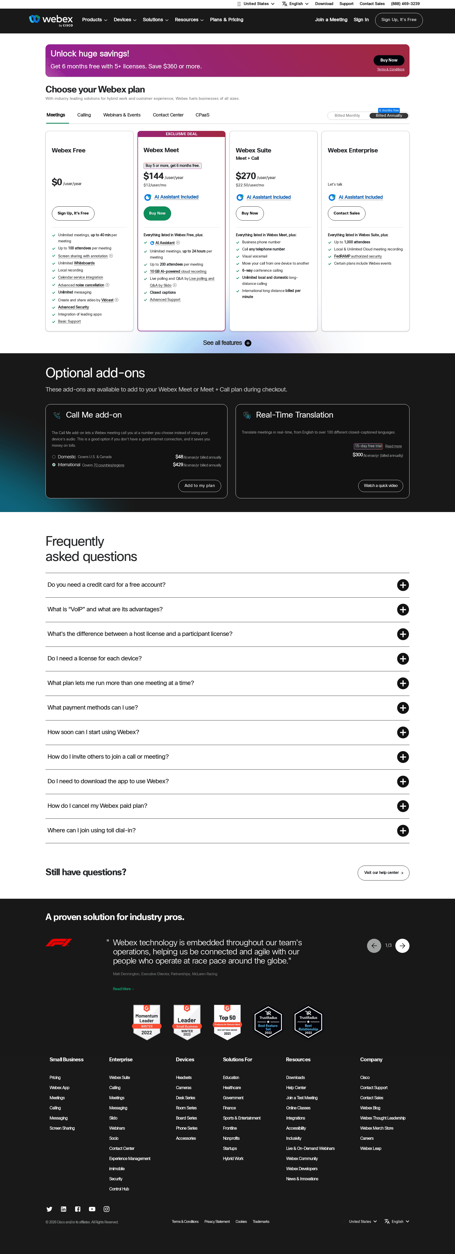 Screenshot of the Webex pricing page