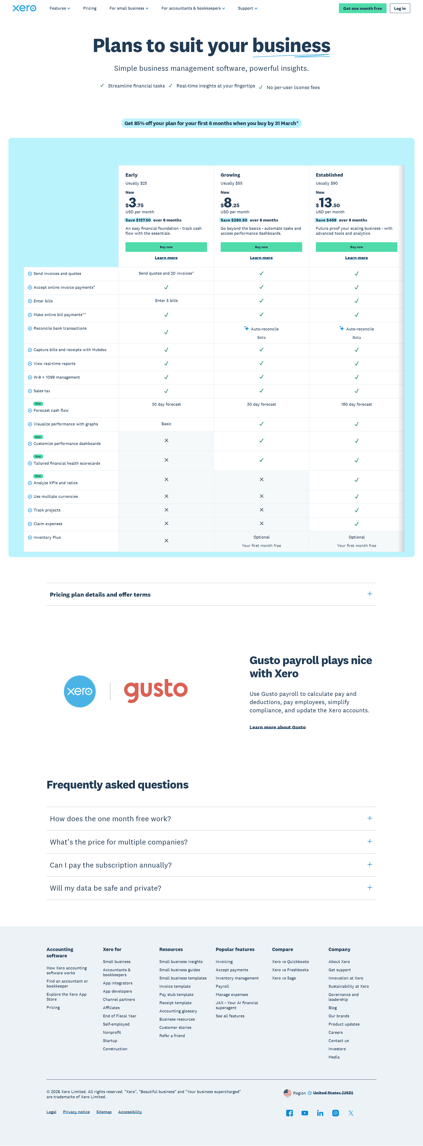 Screenshot of the Xero pricing page
