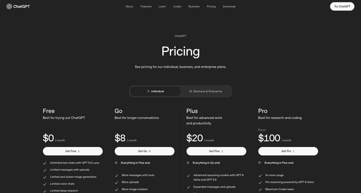 ChatGPT pricing page