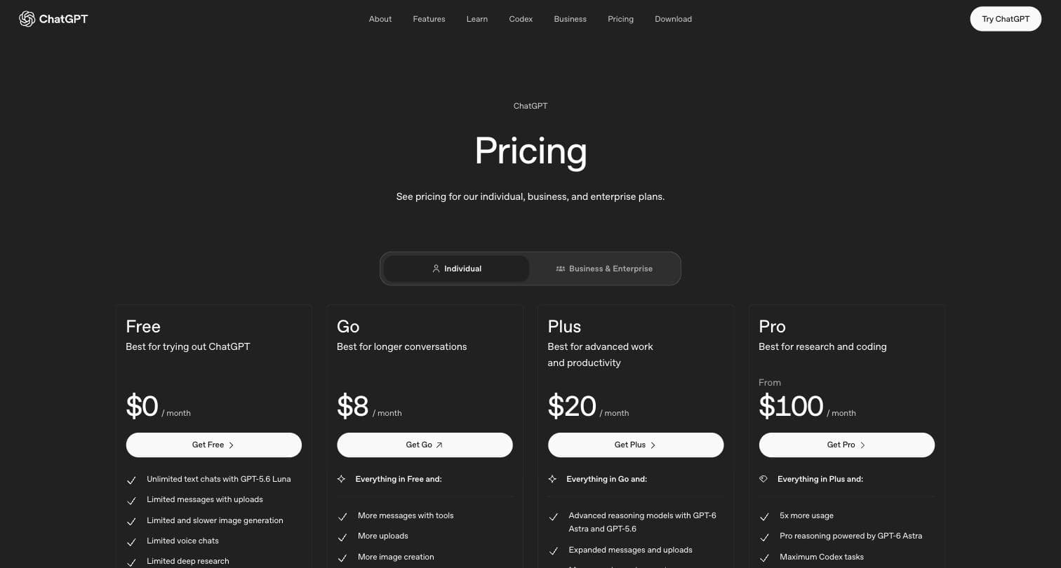 ChatGPT pricing page