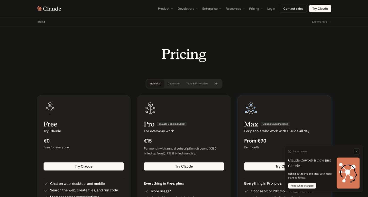 Claude pricing page