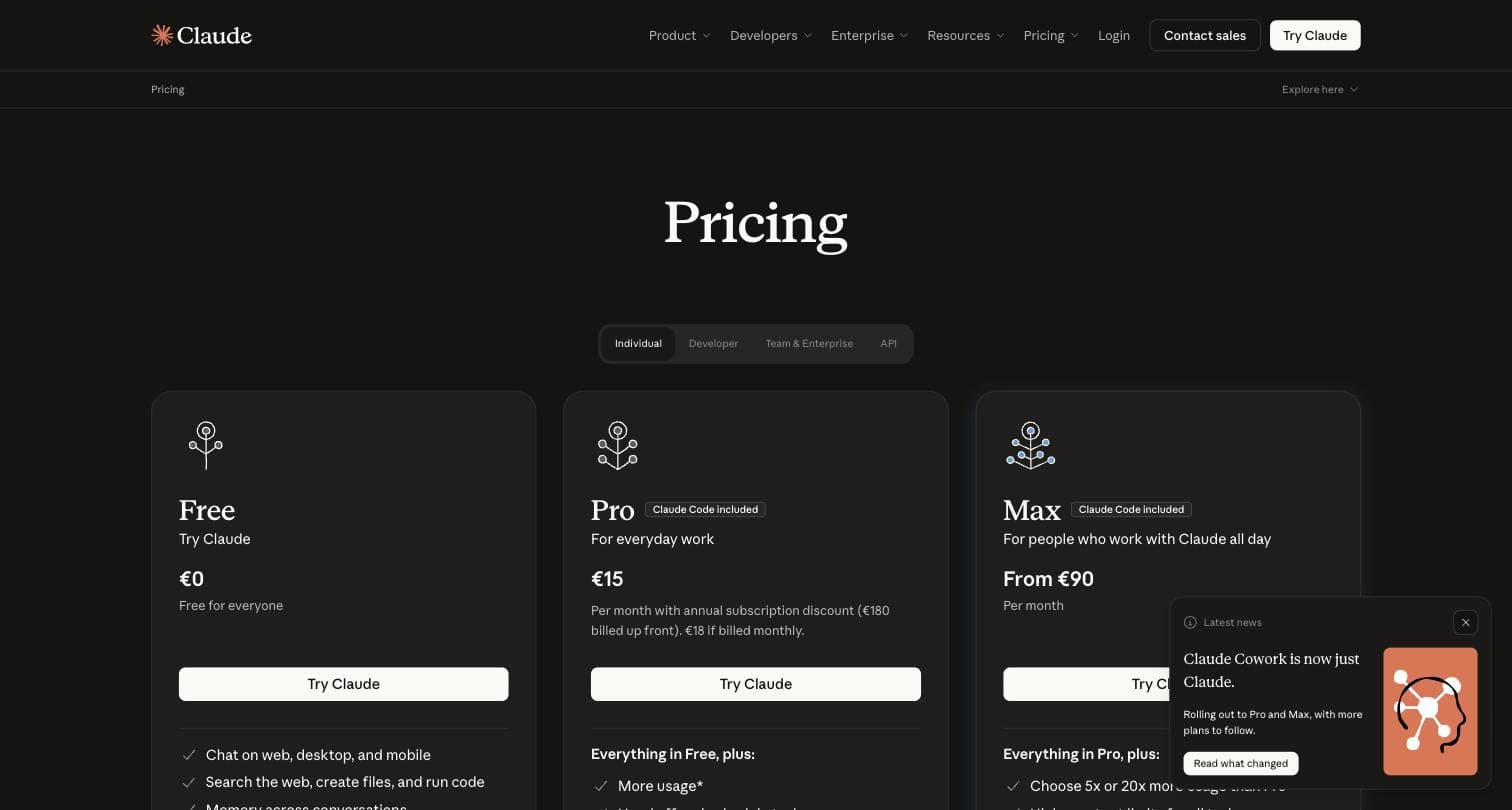 Claude pricing page