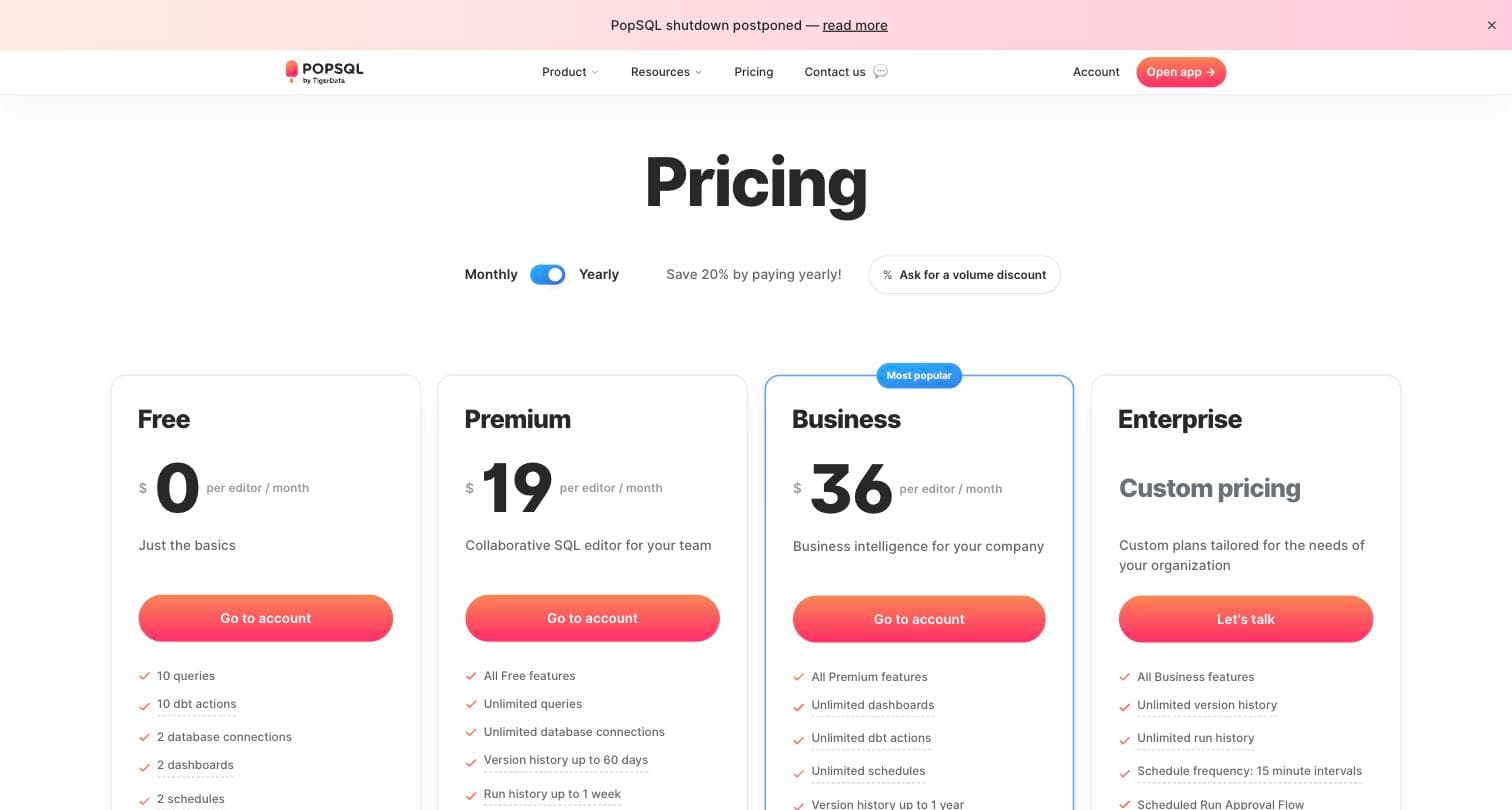 PopSQL pricing page