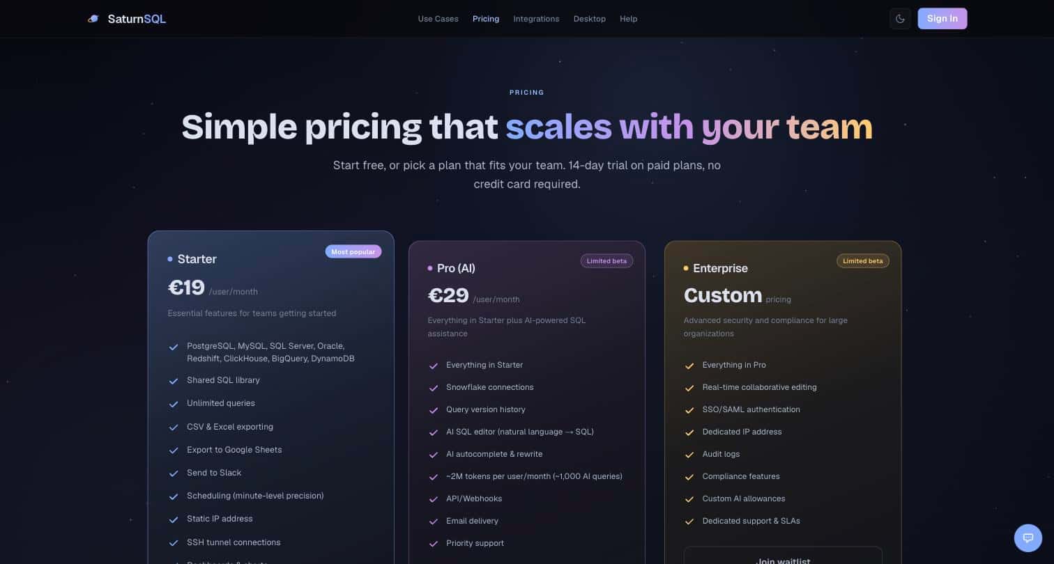 SaturnSQL pricing page