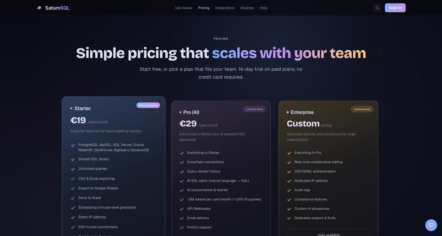 SaturnSQL pricing page