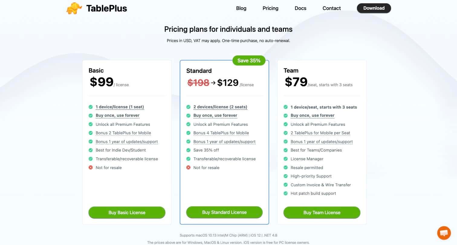 TablePlus pricing page