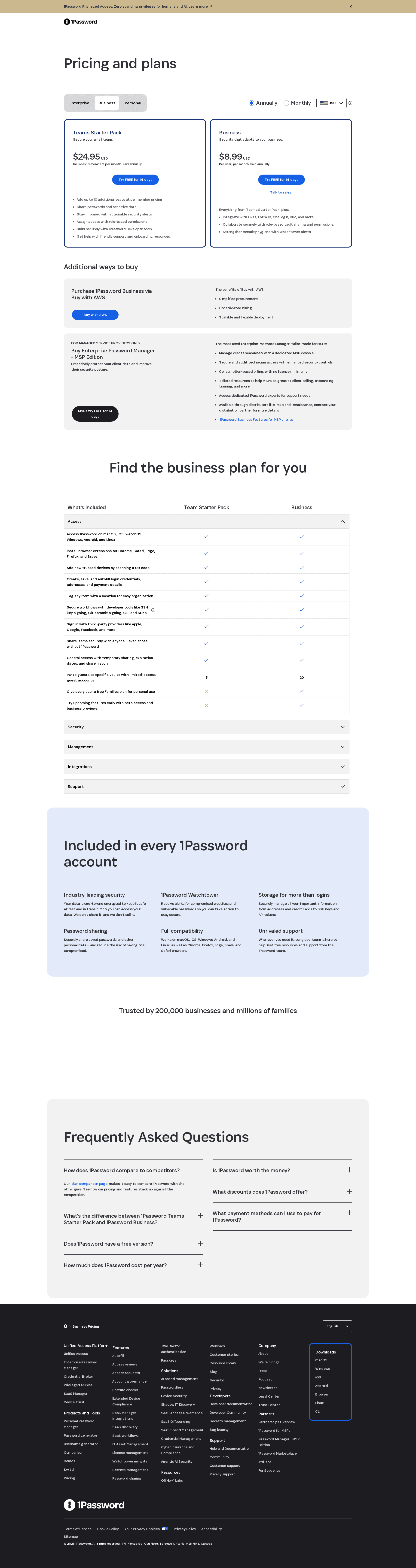 1Password pricing page